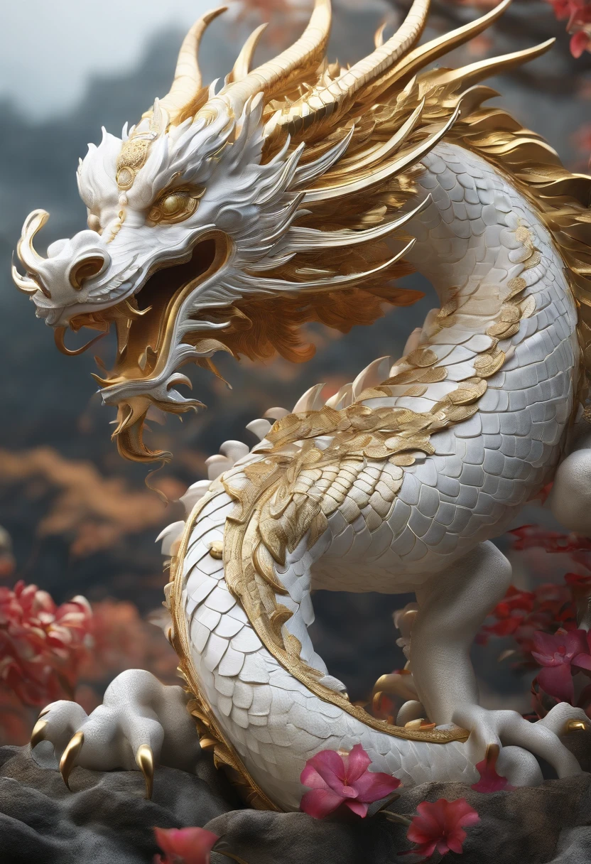 "Very beautiful 3d rendered white Chinese dragon，Representation of dynamics, Vivid effects and details，Top image quality，hight resolution，plethora of colors,　Pile of Coins, treasure"