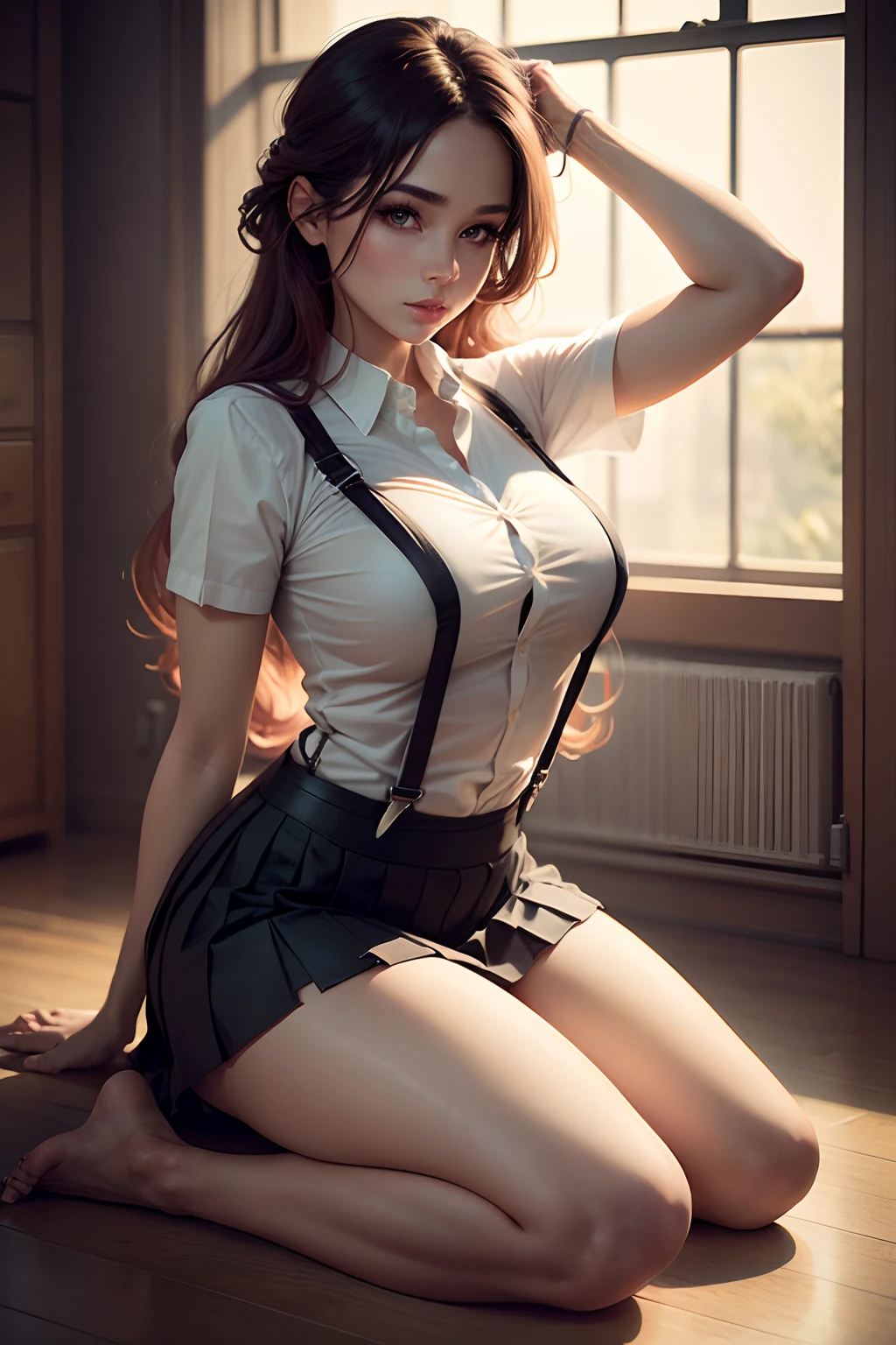 a beautiful woman,,sexy for,Wear suspenders,Wearing a pleated skirt,eyes looking at the lens,with long coiled hair,Barefoot