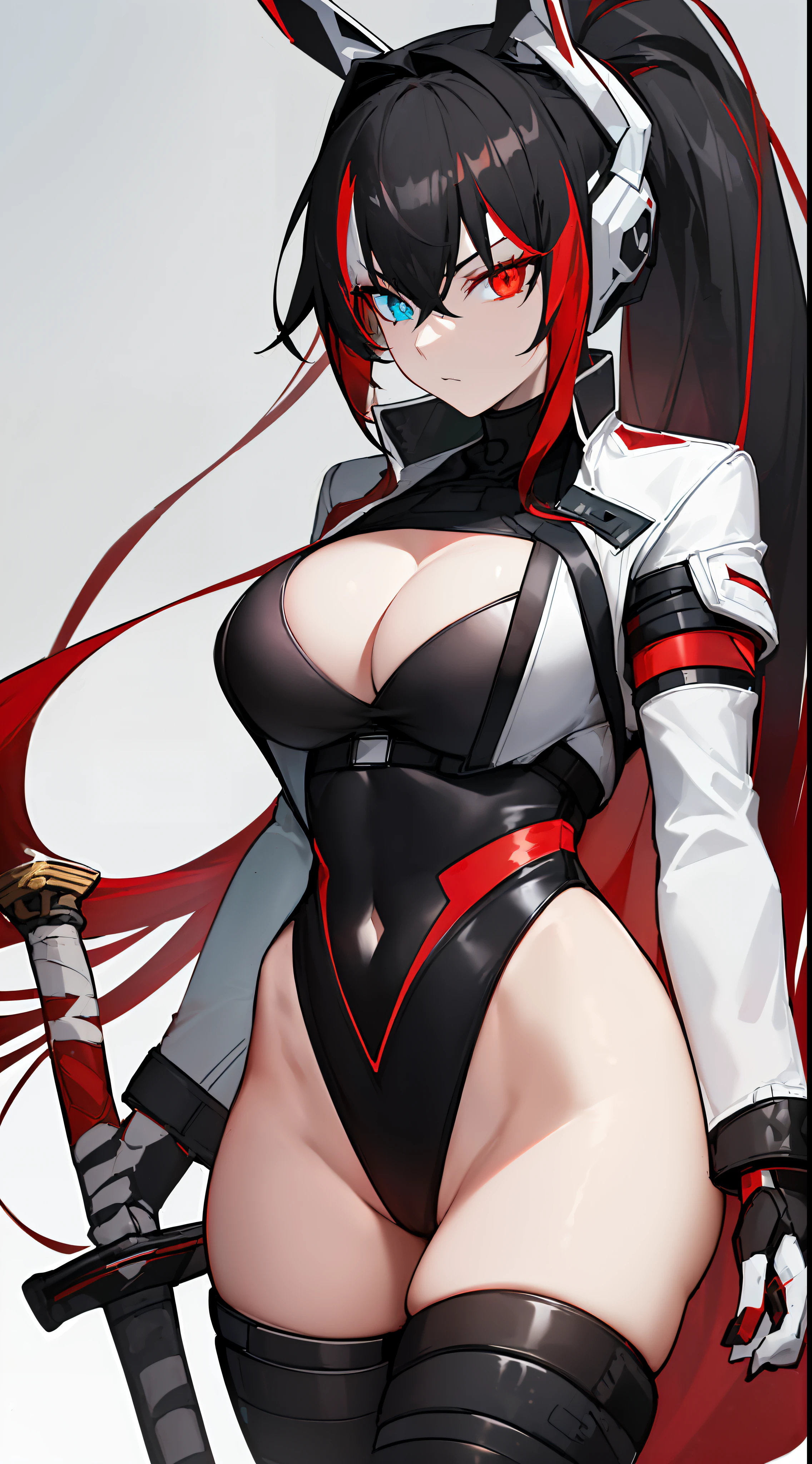 (best quality, masterpiece, anime) (solo) ((black hair:1.8), (hair with red highlights:1.7), (very long hair, single ponytail)), ((heterochromia_eyes_red_and_grey:1.4)), thick thighs, huge breasts, muscular, athletic, (cyborg:1.5), (robot arms:1.4), (robot legs:1.4), ((highcut leotard:1.8), one-piece, red_black_outift:1.3,) cleavage)), (white jacket:1.5), (headgear, horn-like devices), toned body, 1 woman, (age 26), ((holding sword:1.6, katana, glowing)), beautiful, sexy, first rate body, (Lucia_Crimson_Weave:1.4), Lucia