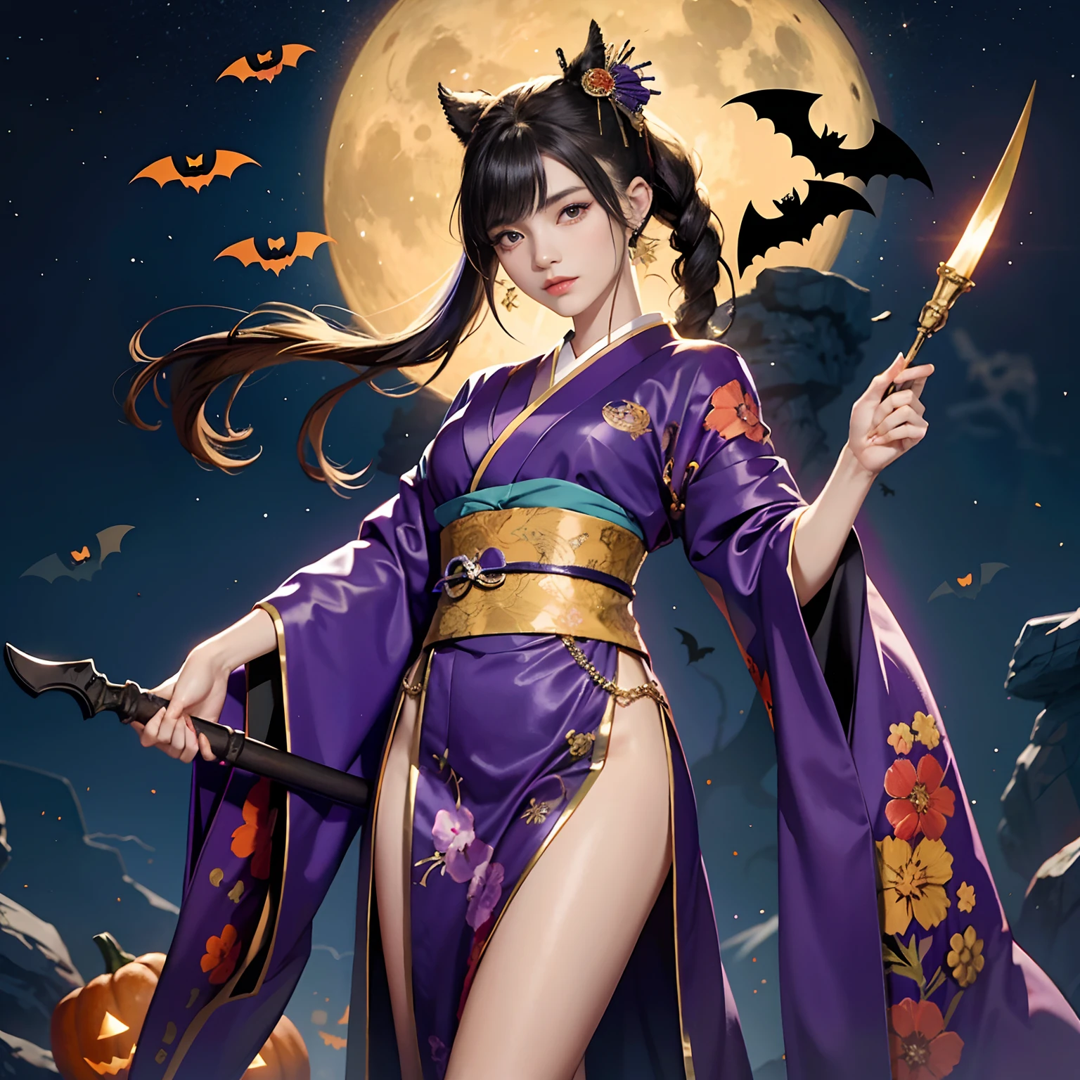 Detailed background((Halloween Night)),moonlights(Contre-Jour),BREAK,elaborate costume{Luxury kimono(Colorful kimono(detailed embroidery,))}、1girl(the witch)(Have a sickle),(Japanese Idol(actress):1.2)(face perfect:1.2),Depicting a beautiful and classy adult woman,glossy dark hair(poneyTail),Heart in the eye, Wallpapers 16K,Blur the background with a sickle,((masutepiece)), ((Best Quality)),{{a portrait photo of}},full body Esbian