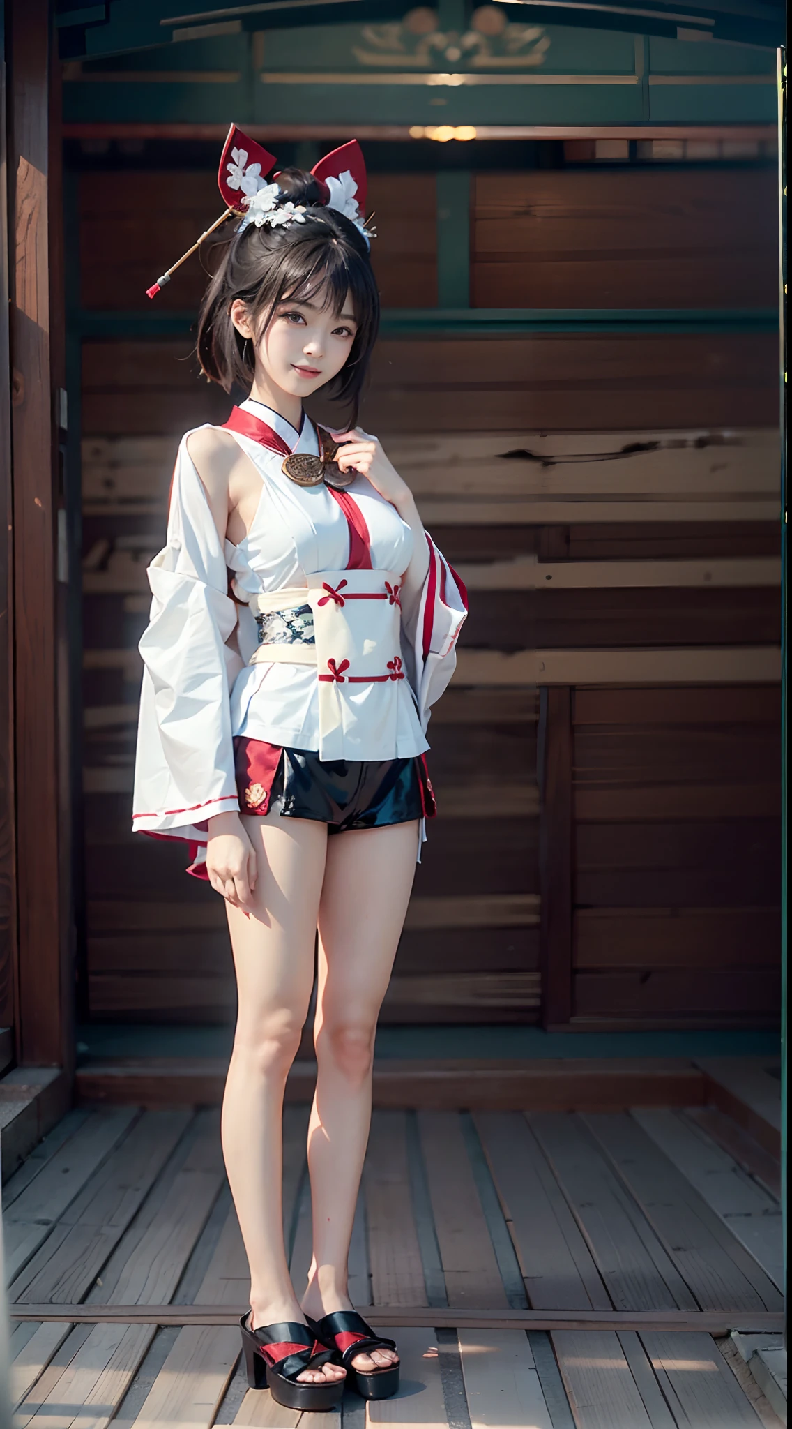 ((japanese miko costume)), shrines, Smiling smile, (NSFW), 1womanl, 独奏, 24 year old, 7headed body, (Ideal ratio body proportions), (Composition from head to thigh), erectile nipple, Sexy body, Wet, short-hair, Dark hair, small tits, A slender, Small buttocks, beauty legs, Skinny Legs, surrealism, Cinematic lighting, depth of fields, One-person viewpoint, F/1.8, 135 mm, nffsw, masutepiece, ccurate, ((Anatomically correct)), Textured skin, Super Detail, high details, High quality, awardwinning, Best Quality, hight resolution, 8K