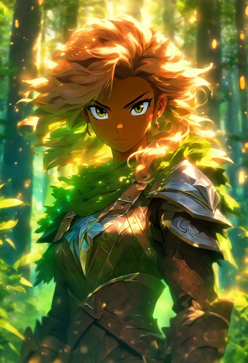Dark skin, Beautiful young woman in detail, Reddish-blond brown hair, Long, Waves and messy hair, Perfect green eyes for detention, Delicate symmetry realistic beautiful face, (Enchanted forest background), Ranger costume leather armor, Fairy, Wildflowers blend into the hair, full bodyesbian, Masterpiece, absurderes,finedetail, Rich colors, Dramatic lighting, Extremely detailed, Cinematic lighting