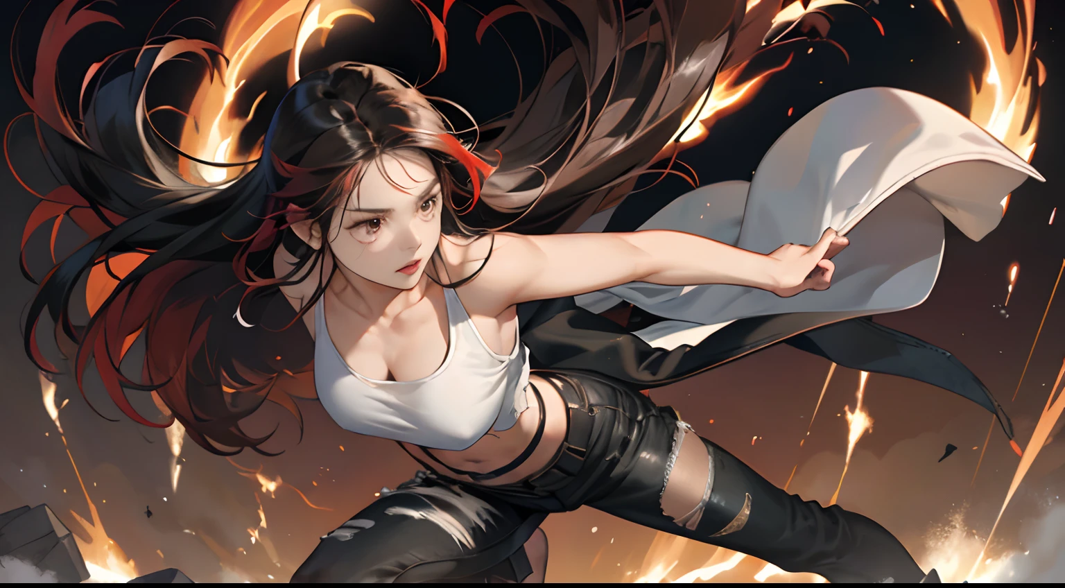 Rising Flash、Cracking Earth、Stand strong with your feet on the ground、Front power-up、Heroic proportions, body symmetrical ,, Features of a symmetrical body, body meshes, slender symmetrical body, realistic body structure, Symmetrical body、Loss of fighting spirit、18yo woman、Long hair with red highlights on black hair、Hollow look、Hollow eyes、Depiction of falling from heaven by gravity、long hair that is disheveled、Torn tank top、Torn tight leather pants、cross belt、The clothes ar、Soaring flames、Thunderbolt、Side Camera Angle、Fall upside down