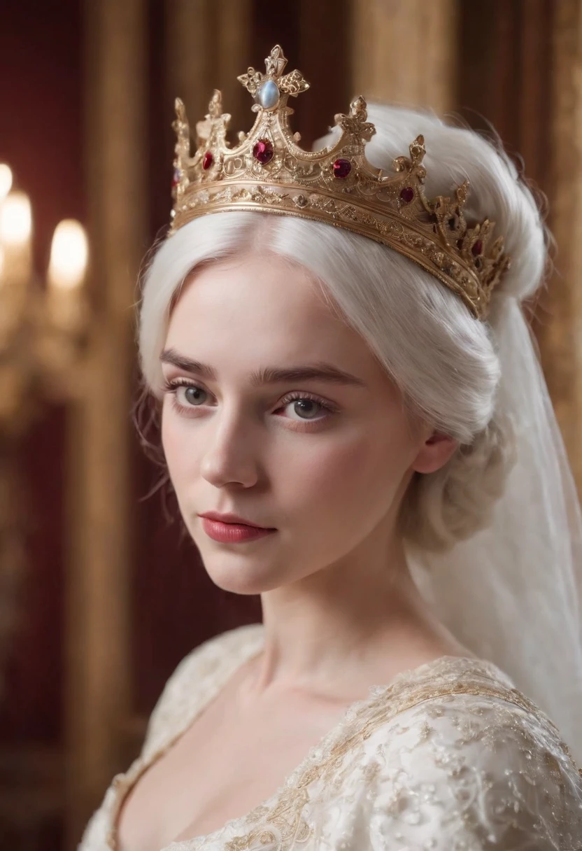A young Victorian girl, fair complexion, woman around 19 years old, white hair, white royal outfit stand with her crown looking at viewer in his palace realistic