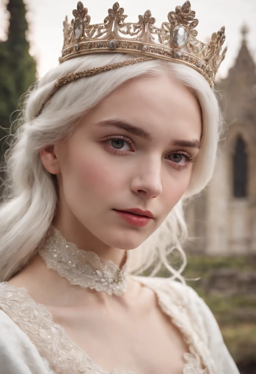 A young Victorian girl, fair complexion, woman around 19 years old, white hair, white royal outfit stand with her crown looking at viewer in his palace realistic