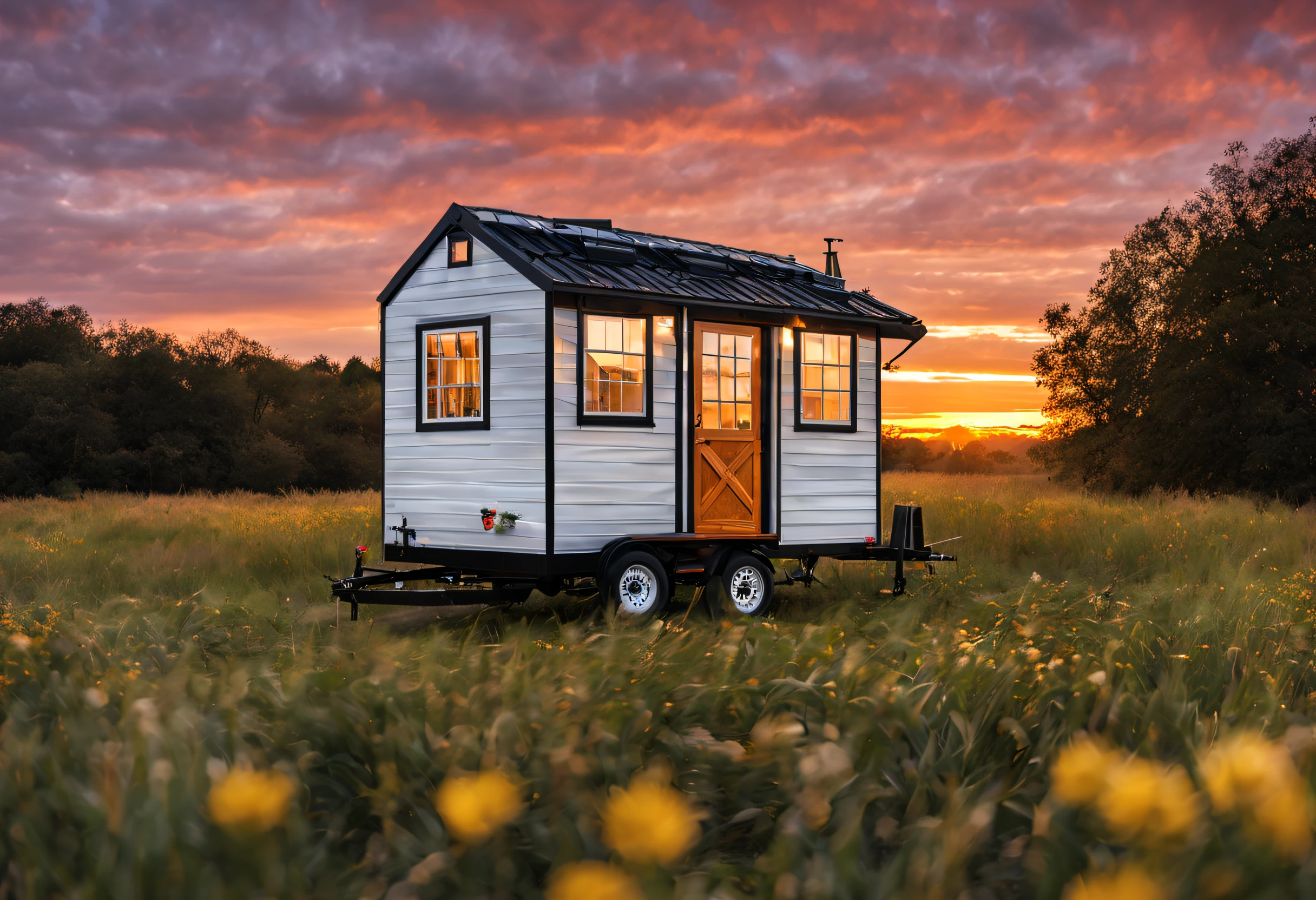 a close up of a tiny house on a trailer in a field, tiny house, designed for a cozy aesthetic!, wide angle exterior, wide exterior shot, full front view, very wide view, sunset view, 3/4 front view Neo-gypsy caravan, wide 3/4 plan, wide front view