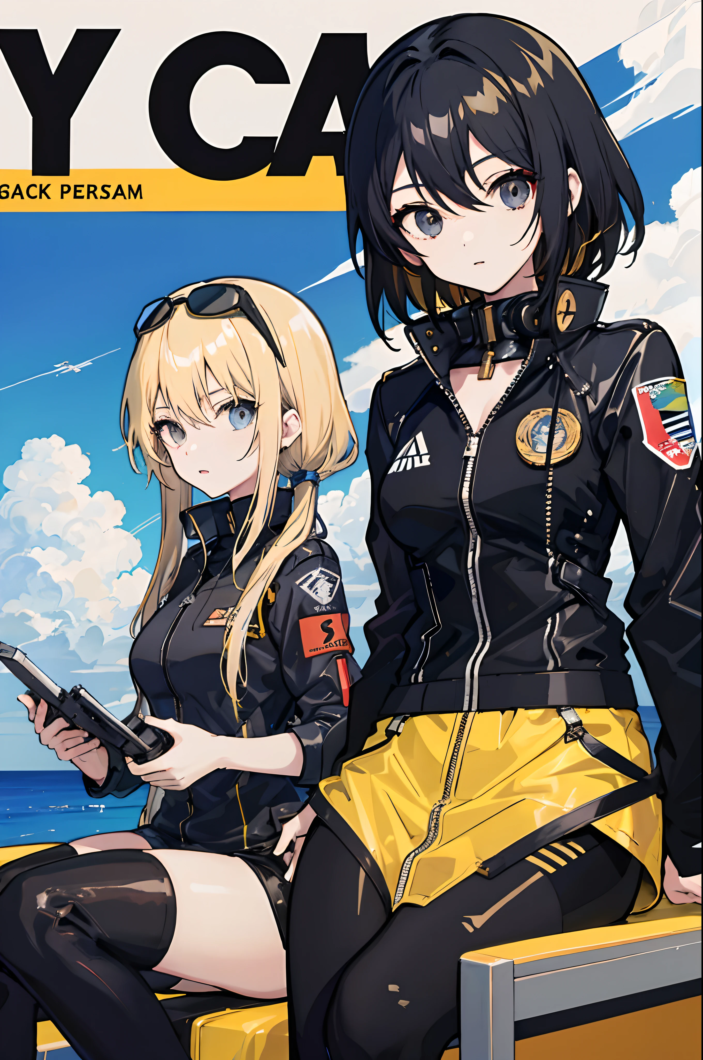 anime girls, 2 girls, black hair, blonde hair,flight suits, aviator sunglasses, in a magazine, fighter pilot uniform.