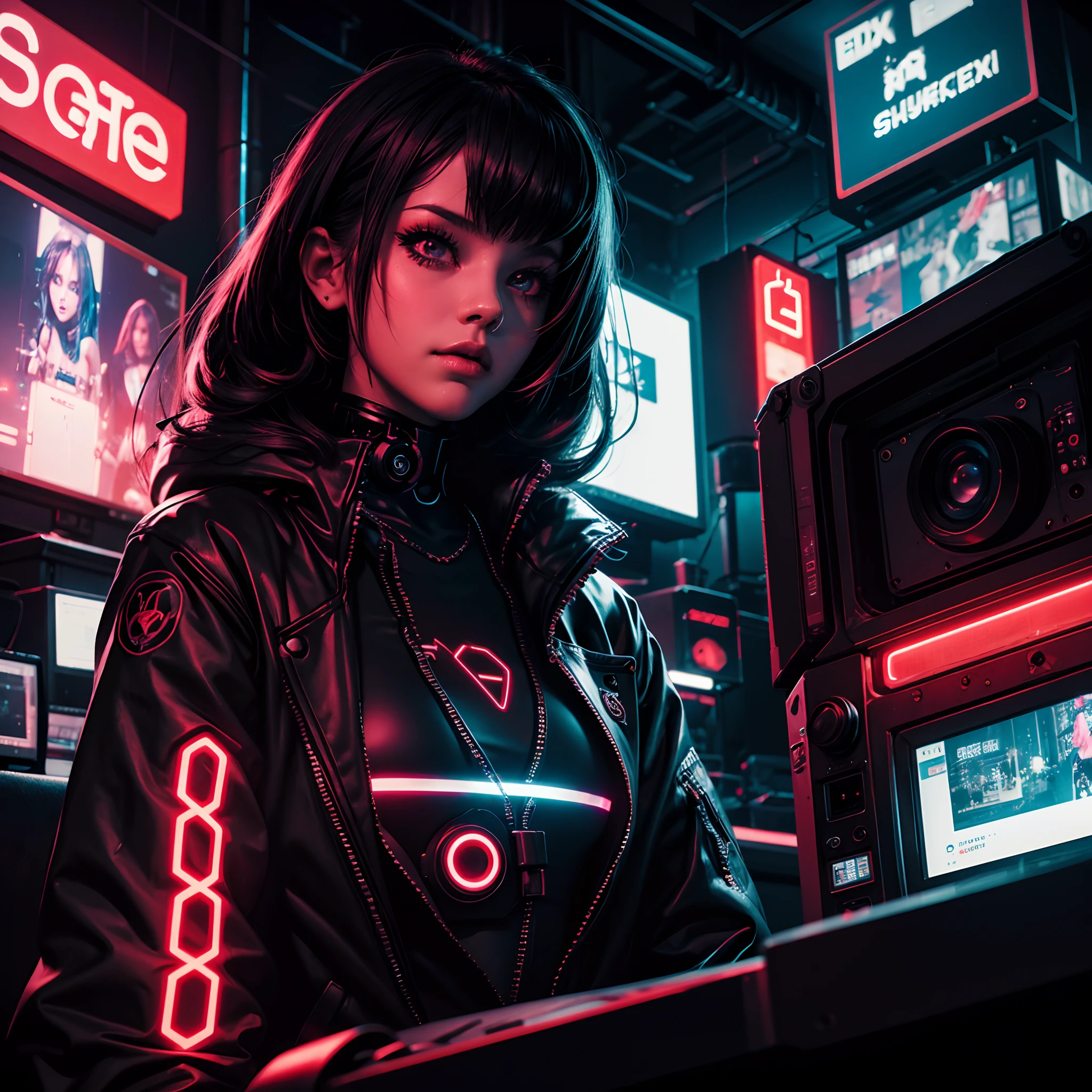 Sexy Cyber Goth Girl, camera obscura, Just red neon lights, cyberpunk style