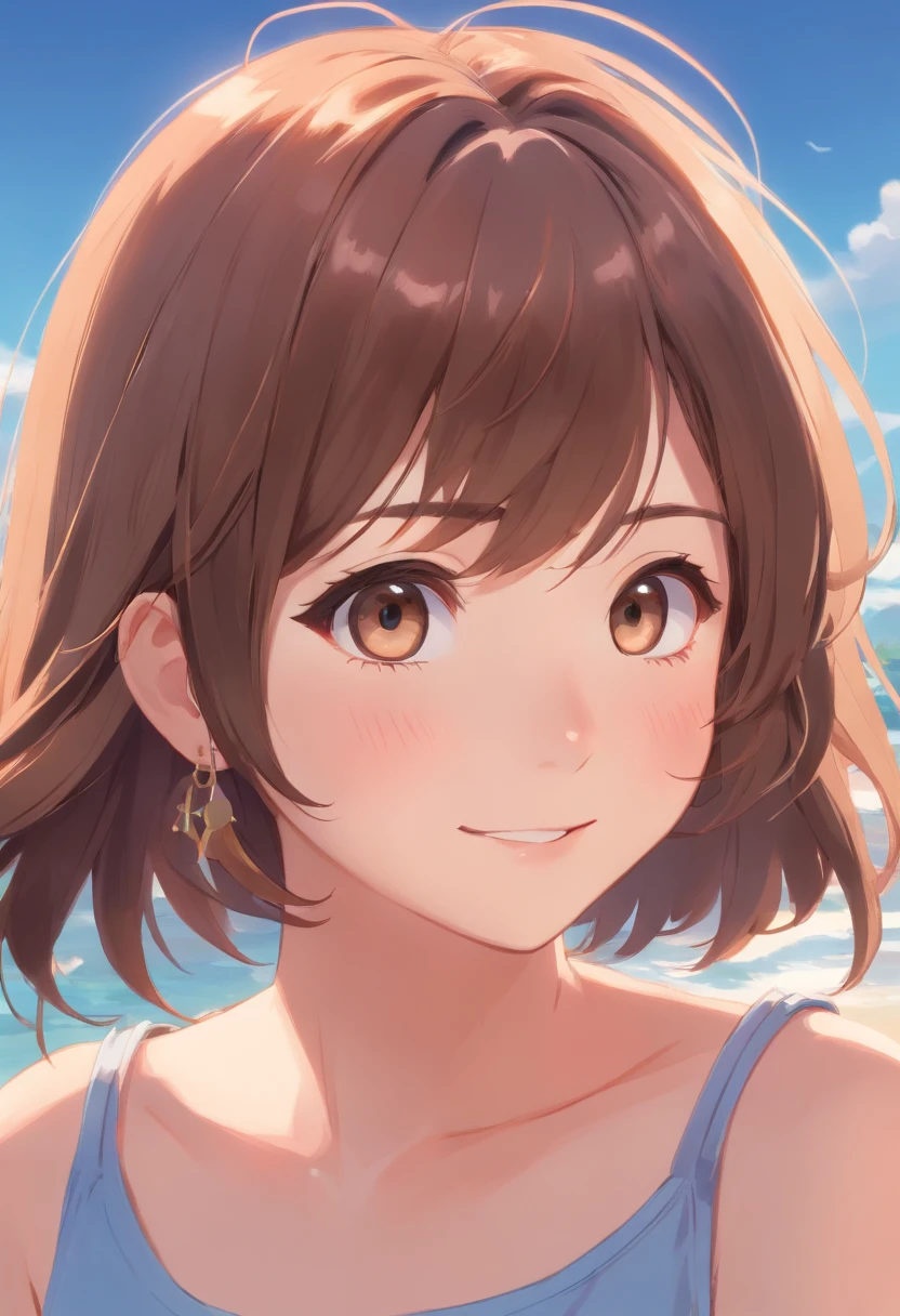 brunette color hair、long eyelasher、Solid round eyes、Light smile、Ear blush、fang、ultra-realistic realism、stereograms、8k、super detailing、precise, Best quality at best,real human beings
