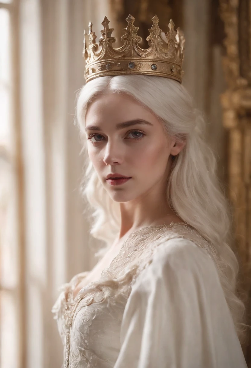 A young Victorian girl, fair complexion, woman around 19 years old, white hair, white royal outfit stand with her crown looking at viewer in his palace realistic Backgroung ,surreal