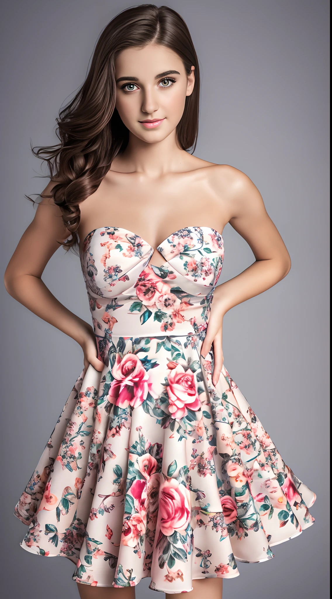 Perfect girl full body, Strapless dress with contrasting floral edging, Realistic Girl, Perfect face, Complex face and body, Beautiful eyes, Delicate skin, Realistic details, High quality, Ultra High Resolution, Realistic Trasparenti, Photorealsitic, Photo Studio Style, 4K resolution,