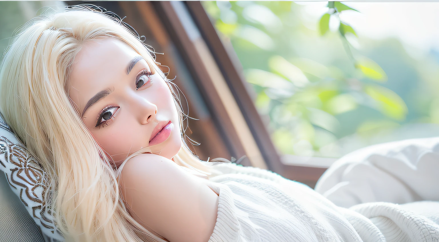 (sleeping posture)、(One girl)、House in the forest、View from outside the window、(Downcast eyes:1.5)、Raw photography、(((Portrait of extreme beauty) ))、The upper part of the body、((Glossy glossy skin))、20 year old cute beauty、((Glossy bright platinum blonde) )、((masterpiece、top-quality、ultra-detailliert、A light、intricate-detail、hight resolution、8K、ighly detailed))、细致背景、8K UHD、hightquality、Shallow depth of field、natural soft light、(perfect hand)、Puritanism