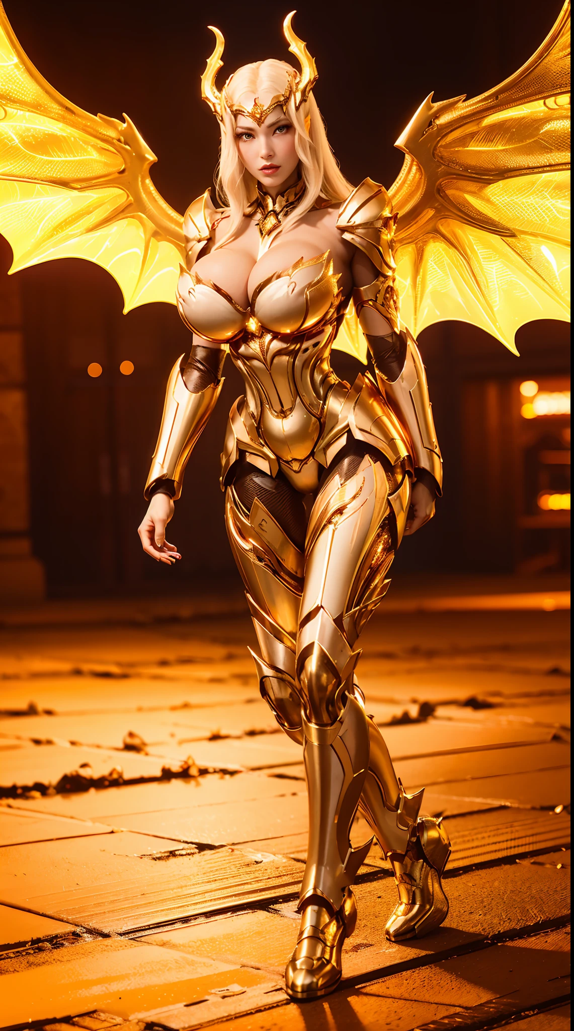 (DRAGON QUEEN HELM), HUGE FAKE BOOBS, (BEAUTIFUL FACE), (GOLD, RED), (STREET CITY BACKGROUND), (((A PAIR OF HUGE MECHANICAL WINGS SPREAD OUT))), FUTURISTIC PHOENIX MECHA BODYSUIT, (CLEAVAGE), (SKINTIGHT YOGA PANTS), (HIGH HEELS), (PERFECT BODY:1.2), (FULL BODY VIEW), (LOOKING AT VIEWER), (WALKING DOWN:1), SEXY MUSCULAR BODY, MUSCLE ABS, UHD, 8K, 1080P.