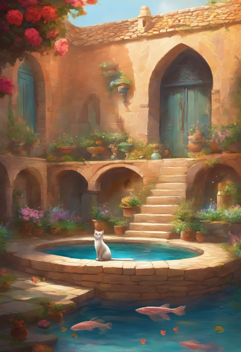 a courtyard in an old Iranian house with mudbrick walls. The house could be made of mudbrick, with a thatched roof In the center of the courtyard is a circular pool of water. On the walls of the pool are small pots of flowers. The flowers in the pots are in bloom, Inside the pool, several red fish swim. The cat is sitting on the edge of the pool, its tail curled around its paws. It is looking into the pool, watching the fish swim. Around the courtyard is a garden of flowers