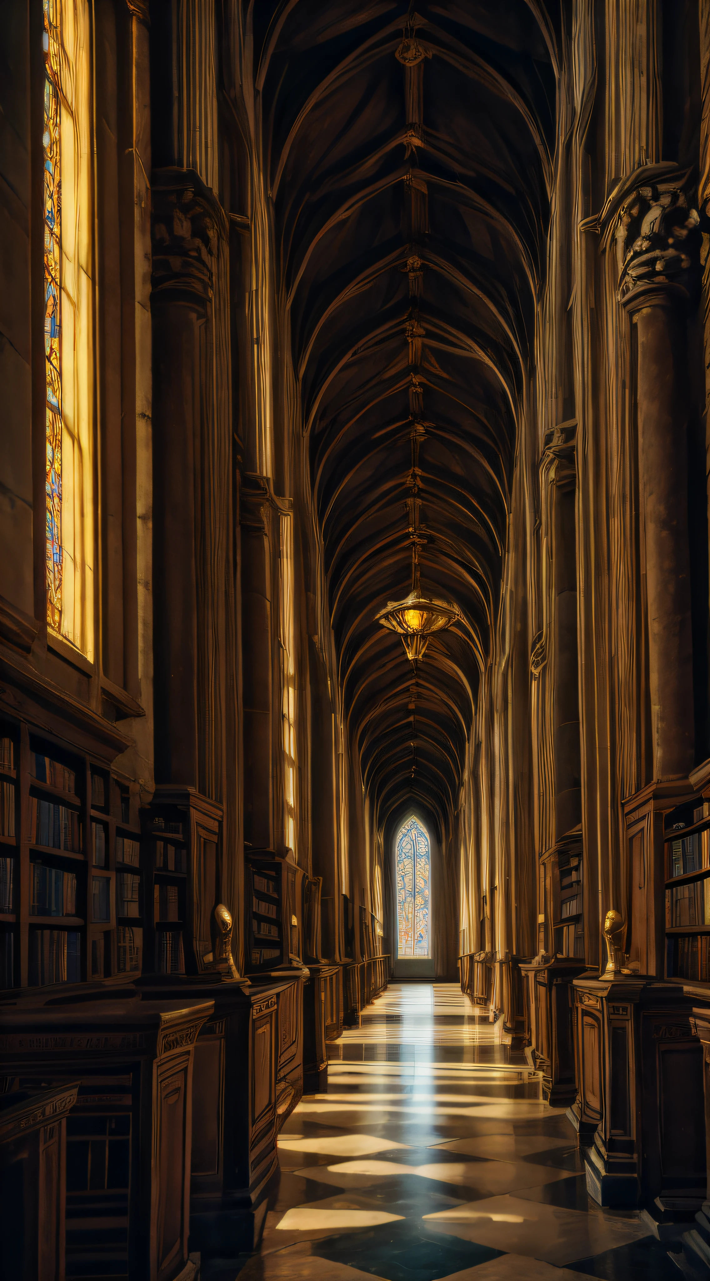 (best quality,4k,highres:1.2),ultra-detailed,realistic:1.37,portrait,medieval,ancient,secret,hidden,golden,grand,serene,vast space,darkness,aged books,dusty shelves,imposing architecture,sun rays streaming through stained glass,old manuscripts,detailed calligraphy,sublime beauty,mysterious atmosphere,illumination,soft candlelight,quiet corridors,long hallways,silence,magical aura,ancient wisdom,unveiling history,enchanted,tranquil,whispering secrets,dimly lit,noisy silence,archaic knowledge.