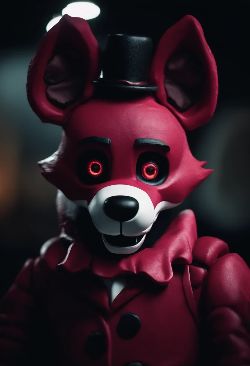 five nights at Freddy's, Foxy, Humanity,  animatronic, corpus nuculosum, naked torso, seated, on stage,neon lights, right hand behind the head, left hand on left leg, open legs, red fur, black pants, sonrrisa sexy, malicious look, tail visible on right side, claws on left hand, Rockstar style, shading.