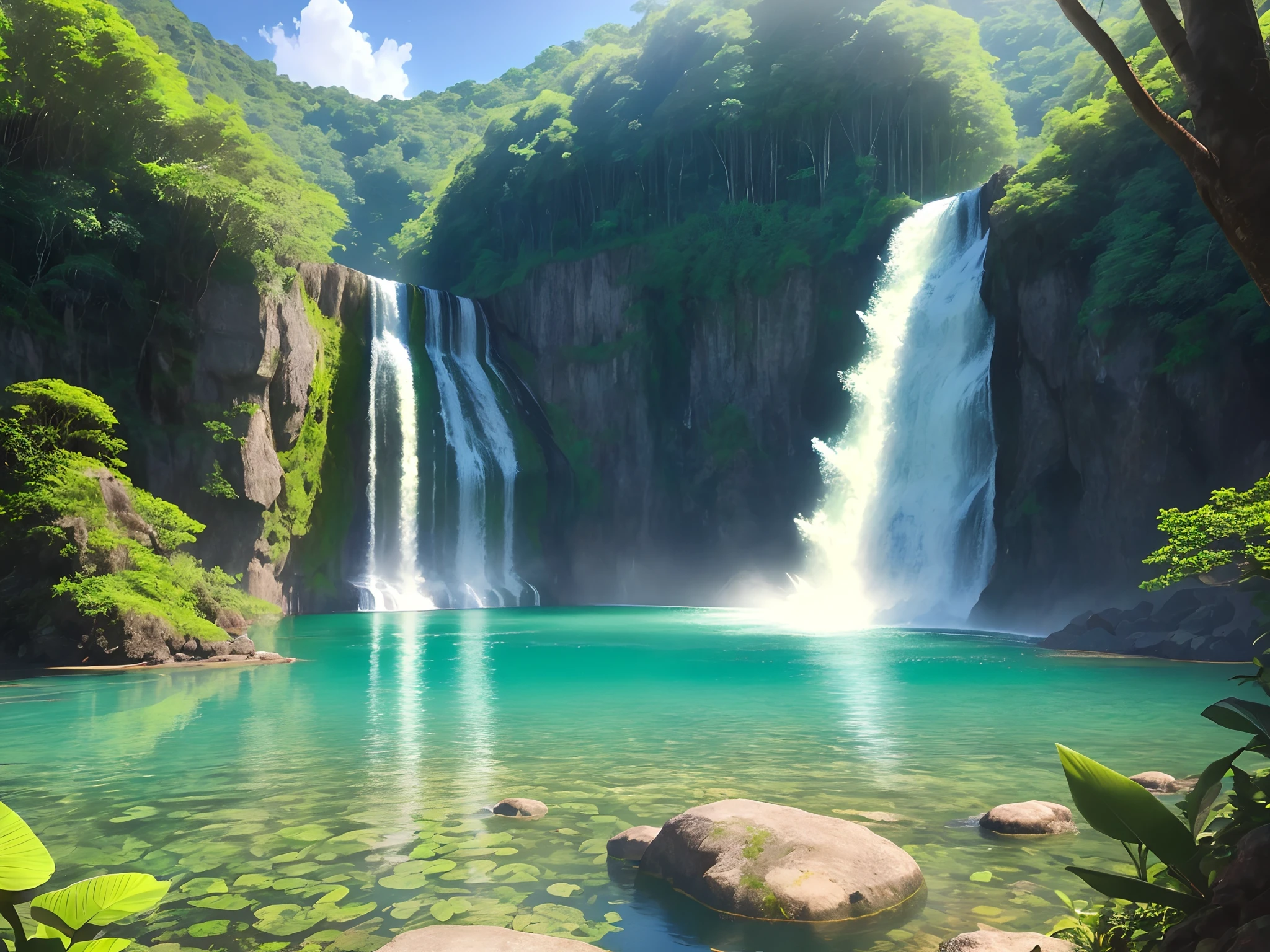 a lake with a waterfall in the middle of a tropical forest on a clear sunny day