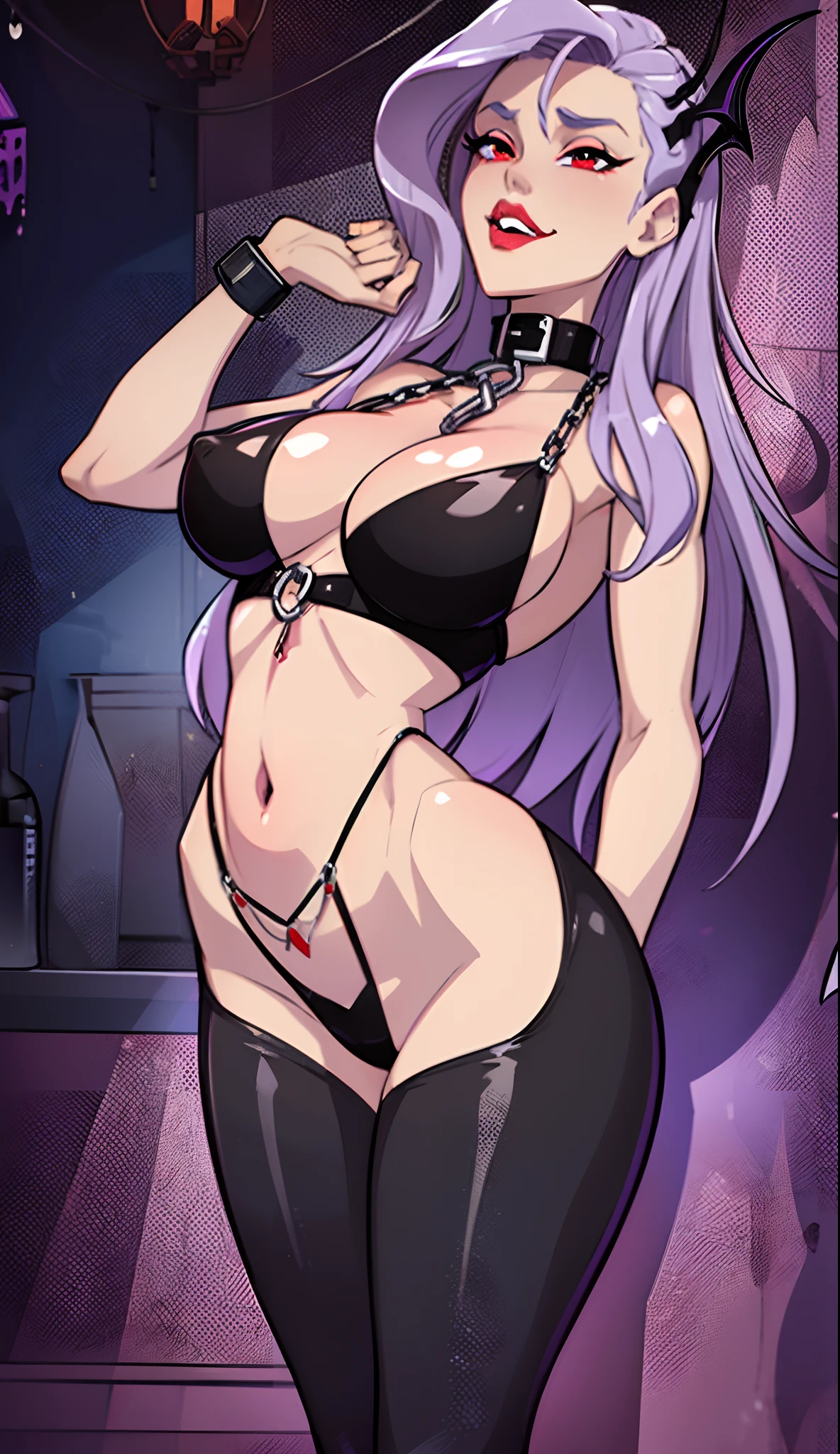 1girl, Best quality, masterpiece, cowboy shot, greyish purple hair, red eyes, tight cloth, vampire, latex, tied, shackle, chains