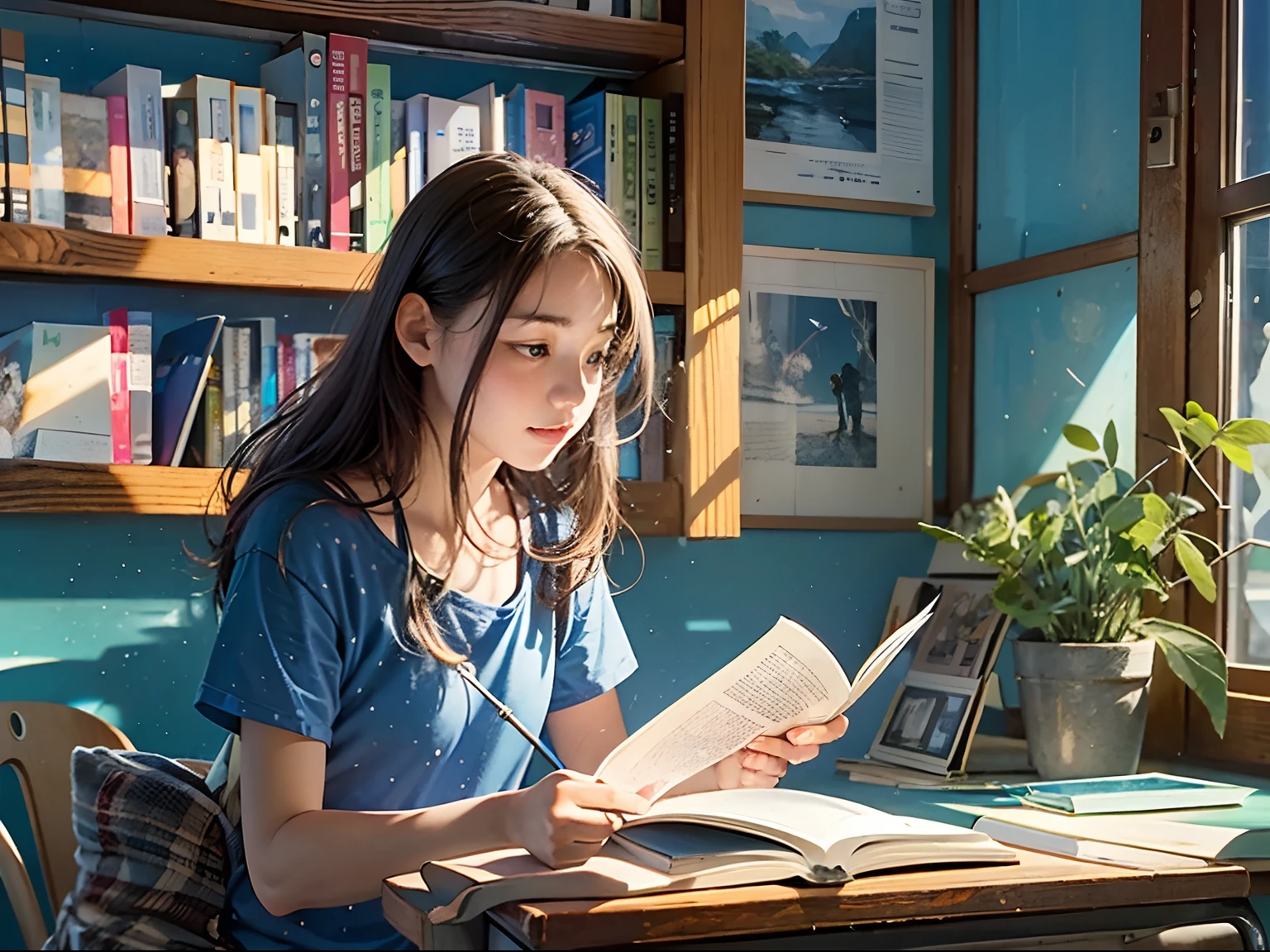 15-year-old girl reading a book, MAC ON DESK, bookshelves, The study is a blue and white series, Sunlight outside the window.