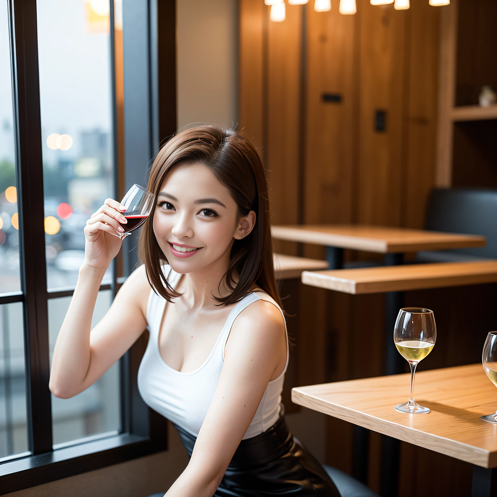 (64K, UHD, top quality, masterpiece: 1.2), (realistic, photorealistic: 1.37), super detailed, pretty woman 1 person, (slim face), (slim body), (brown hair), (short cut), cheeks slightly blushing, (39 years old), 38 years old, solo, beautiful detailed urban night view outside the window, restaurant, wine glass sitting, night, in a prominent place (from the waist up) NovaFrogStyle, Actress, Model, Waist Up, White Wine, Slim, Wine Glass, Super Clean Night View, Wine Glass Put in the Middle, Happy Smile, (Smile: 1.15), Beautiful Fine Eyes, Upper Body, Bust Japan Up, Night, Short, Short, Actress, Model, Waist Up, White Wine, Slim, Wine Glass, Super Clean Night View, Wine Glass Put in the Middle, Happy Smile,