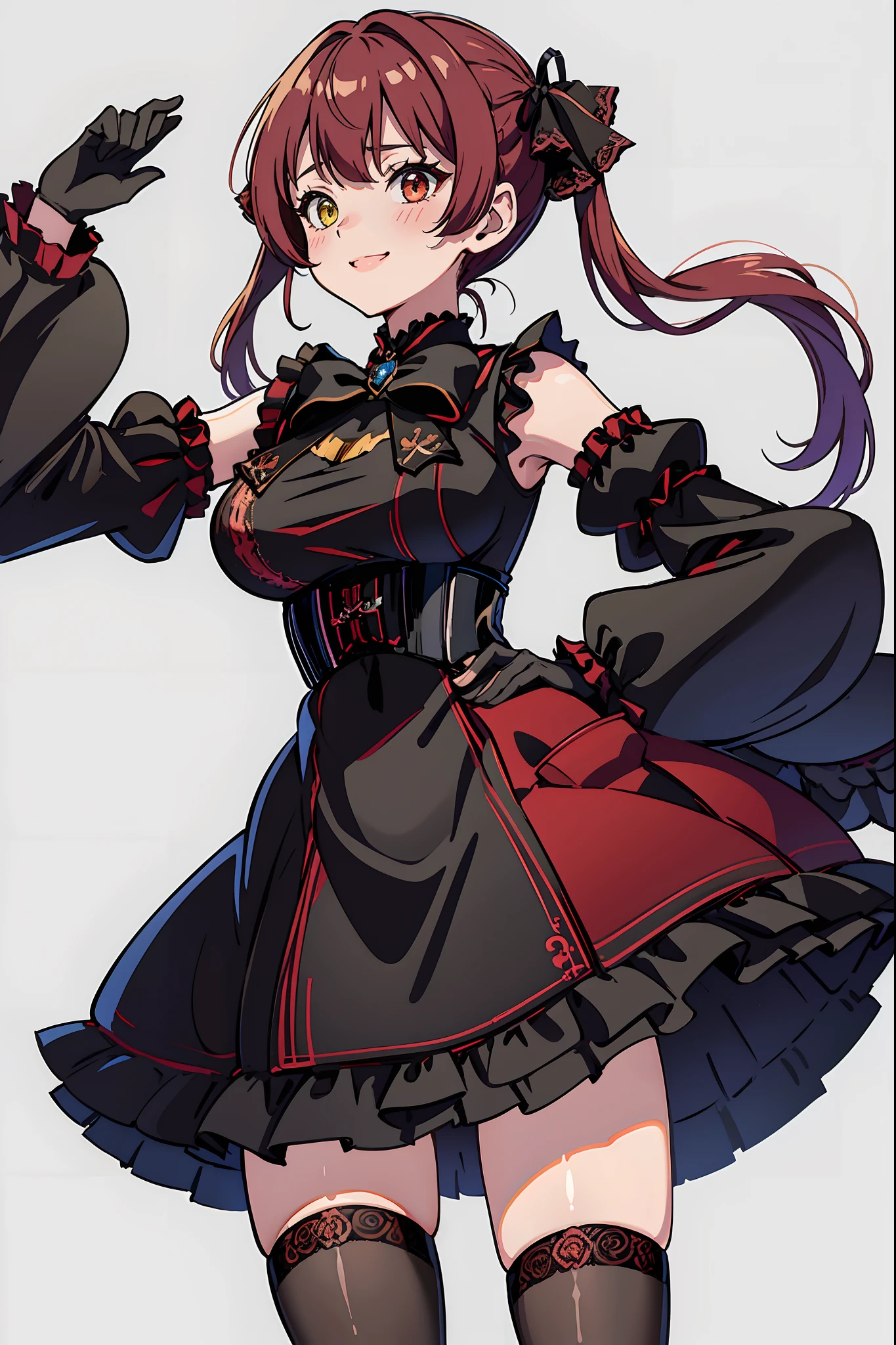 masterpiece, best quality, (houshouGothic, heterochromia, red eyes, yellow eyes, twintails, black ribbon, large breasts, gothic ****ta, short dress, red dress, frilled dress, detached sleeves, frilled sleeves, corset, bowtie, black gloves, pocket watch, white thighhighs),  ((transparent background, White Background)), (half body shot, facing the front, front view), (Blushing, Smiling), focus shot