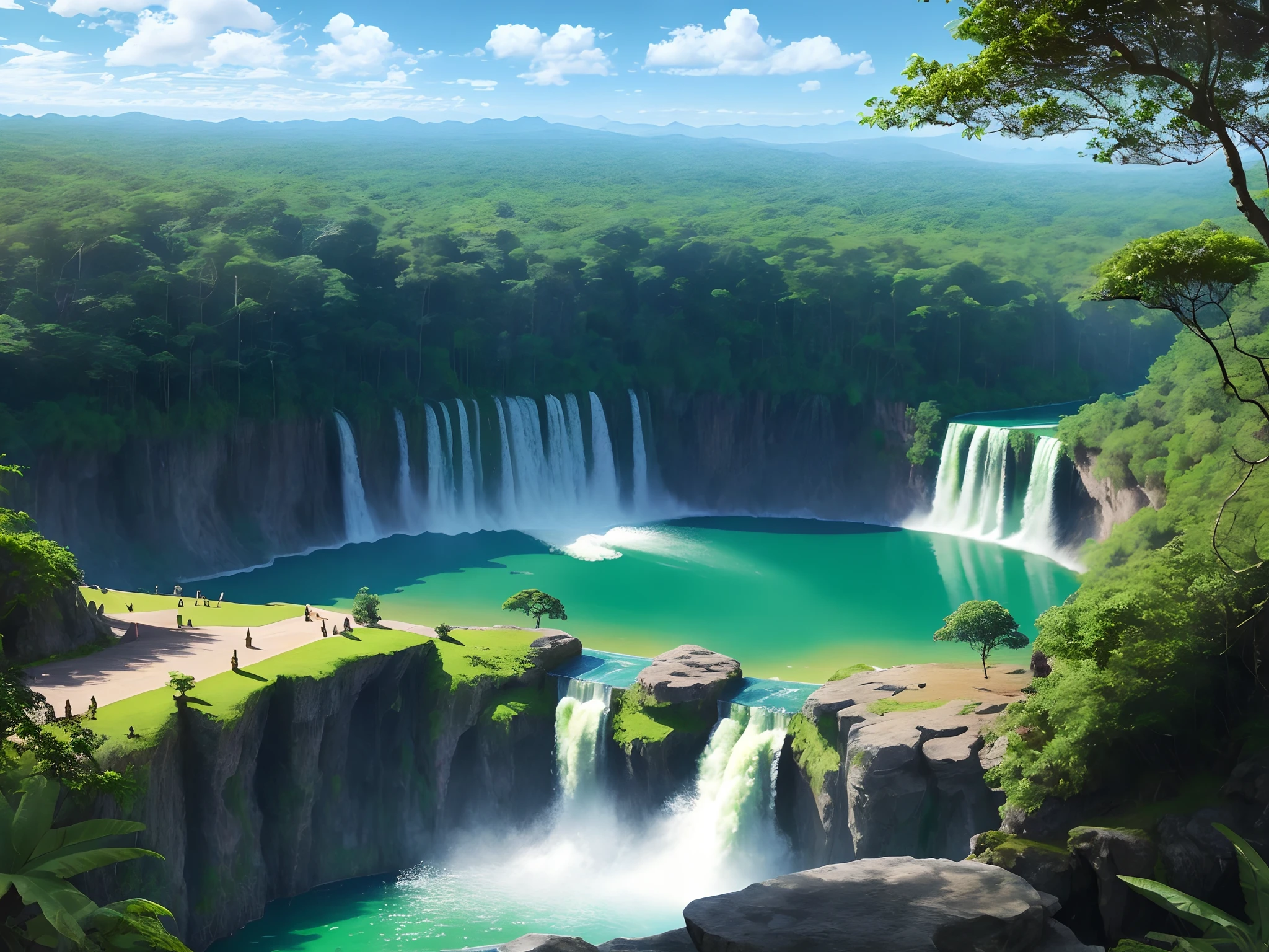 a lake with a waterfall in the middle of a tropical forest on a clear sunny day