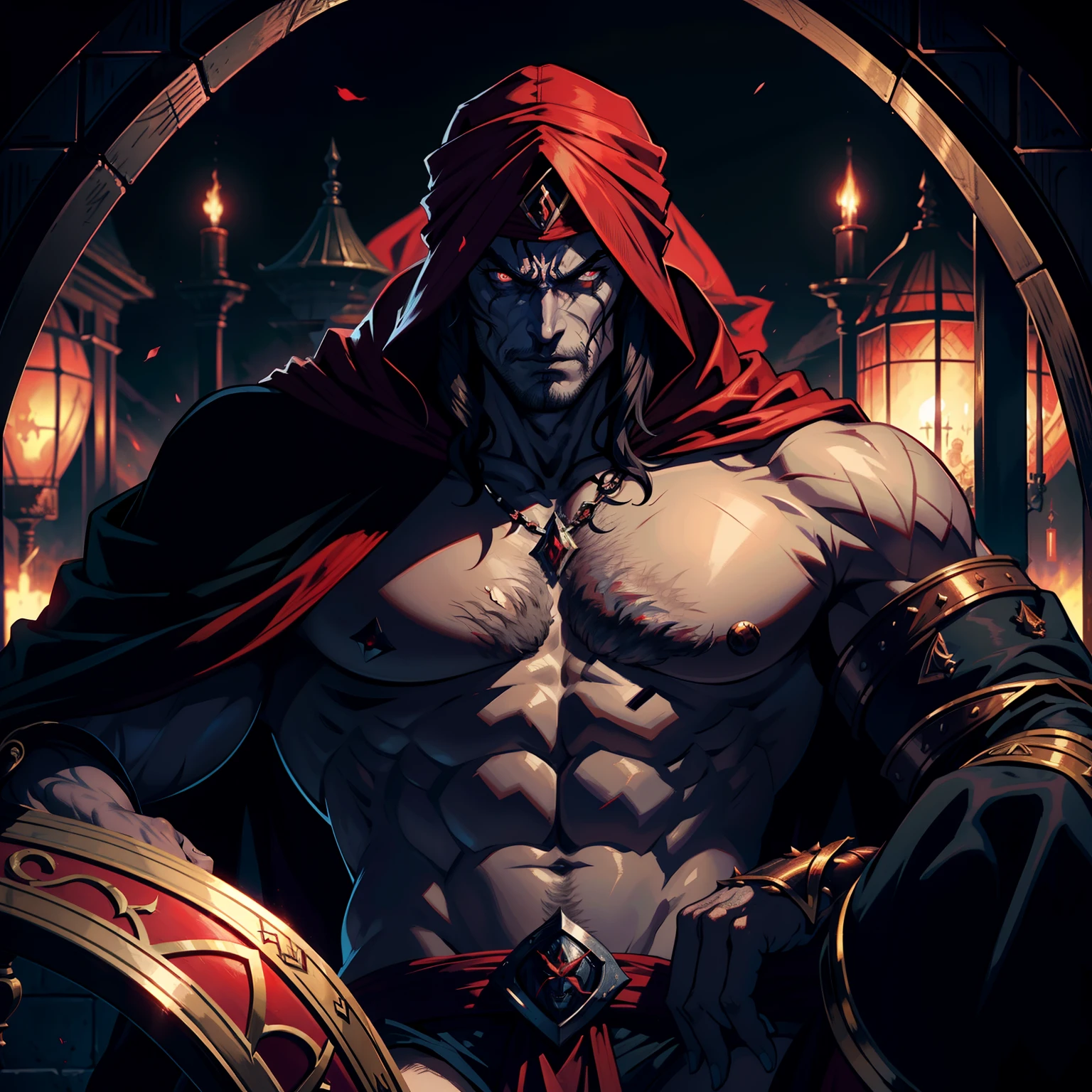 Castlevania Hyper Realistic Shadow Lord Super Detailed Dynamic Shot Master Piece of Lord Dracula Medieval Arab Warrior with Red Turban Scary Face Hokuto No Ken Structure Muscle Face Kenshiro Sitting on His Legendary Throne in a Festival of Demons Celebrating Their Victory Wide Environment Sharp details Cinematic Scenes Epic Movie Legendary Movie Hyper Realistic Movie Different Angle of View