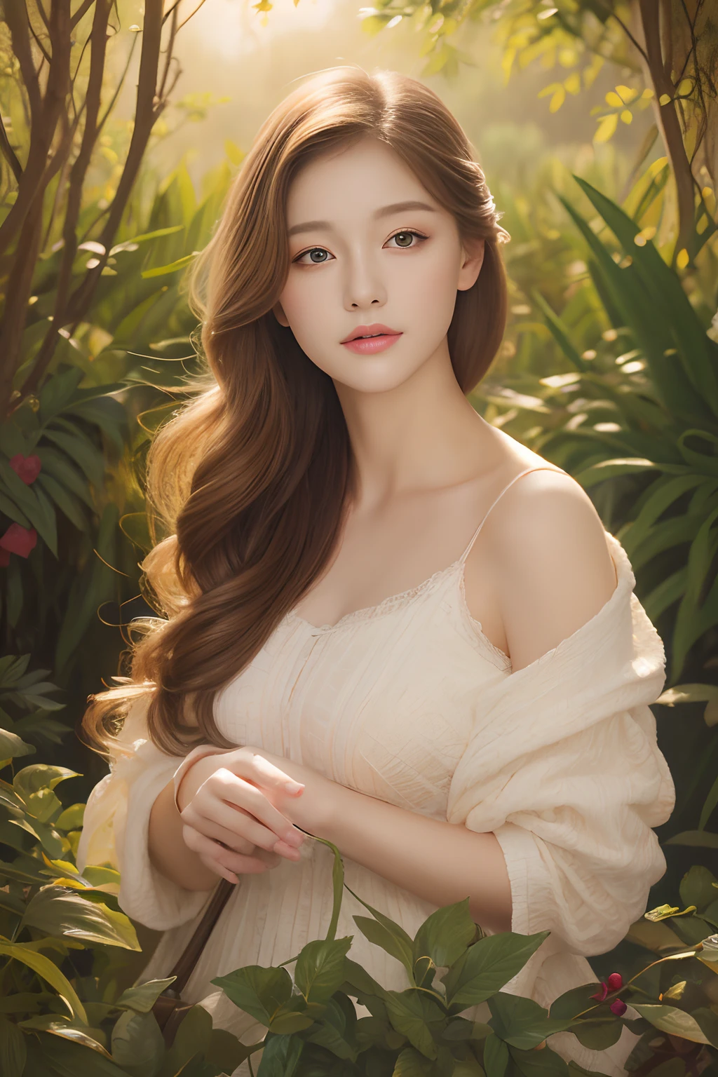 a girl,medium:oil painting,detailed eyes and face,detailed lips,long eyelashes,beautiful appearance,seductive posture,romantic garden background,best quality,highres,ultra-detailed,photorealistic,portrait,vivid colors,warm color tones,soft lighting