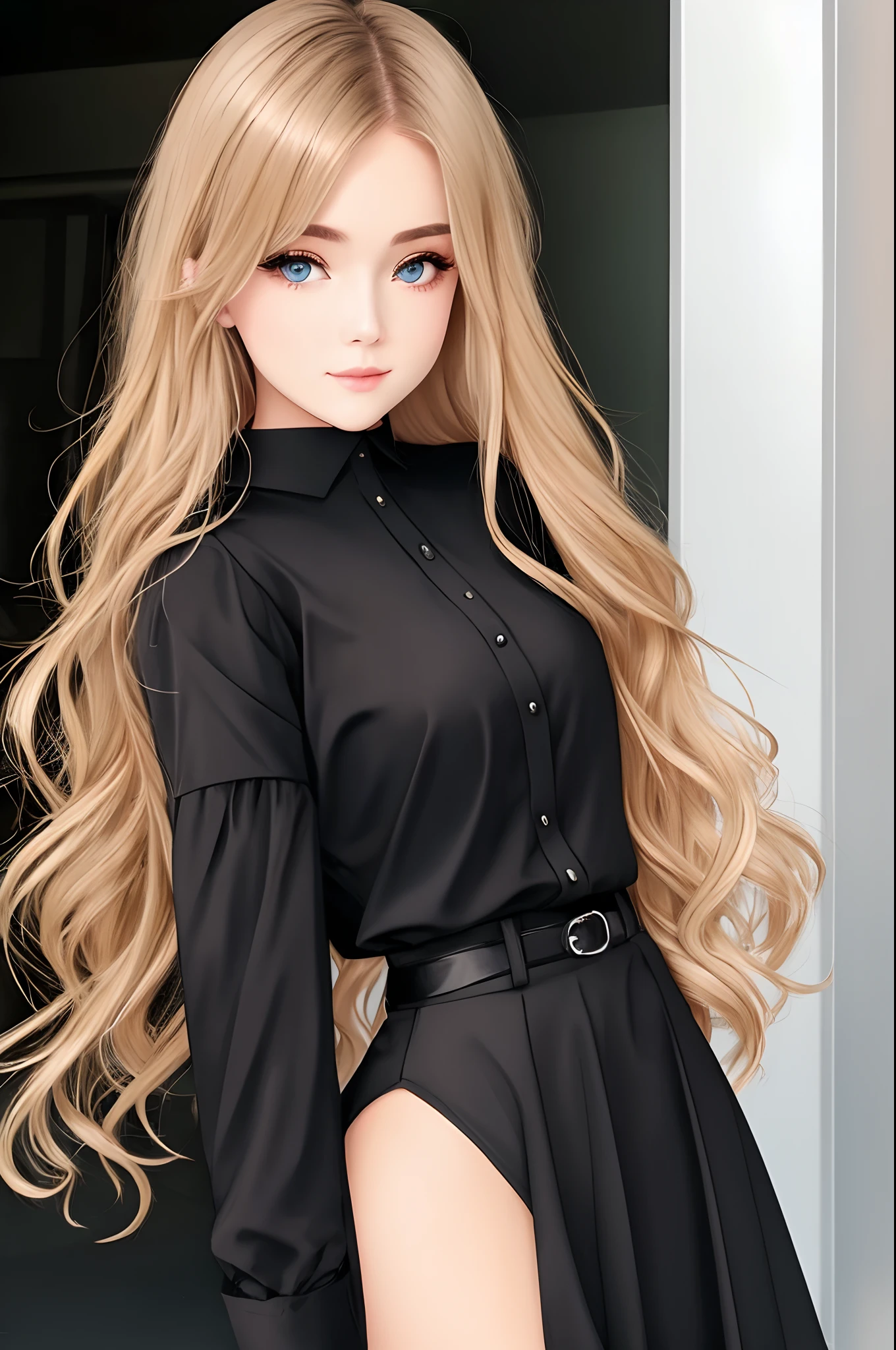 Girl with dark blonde hair. She likes black cloths. She is czech
