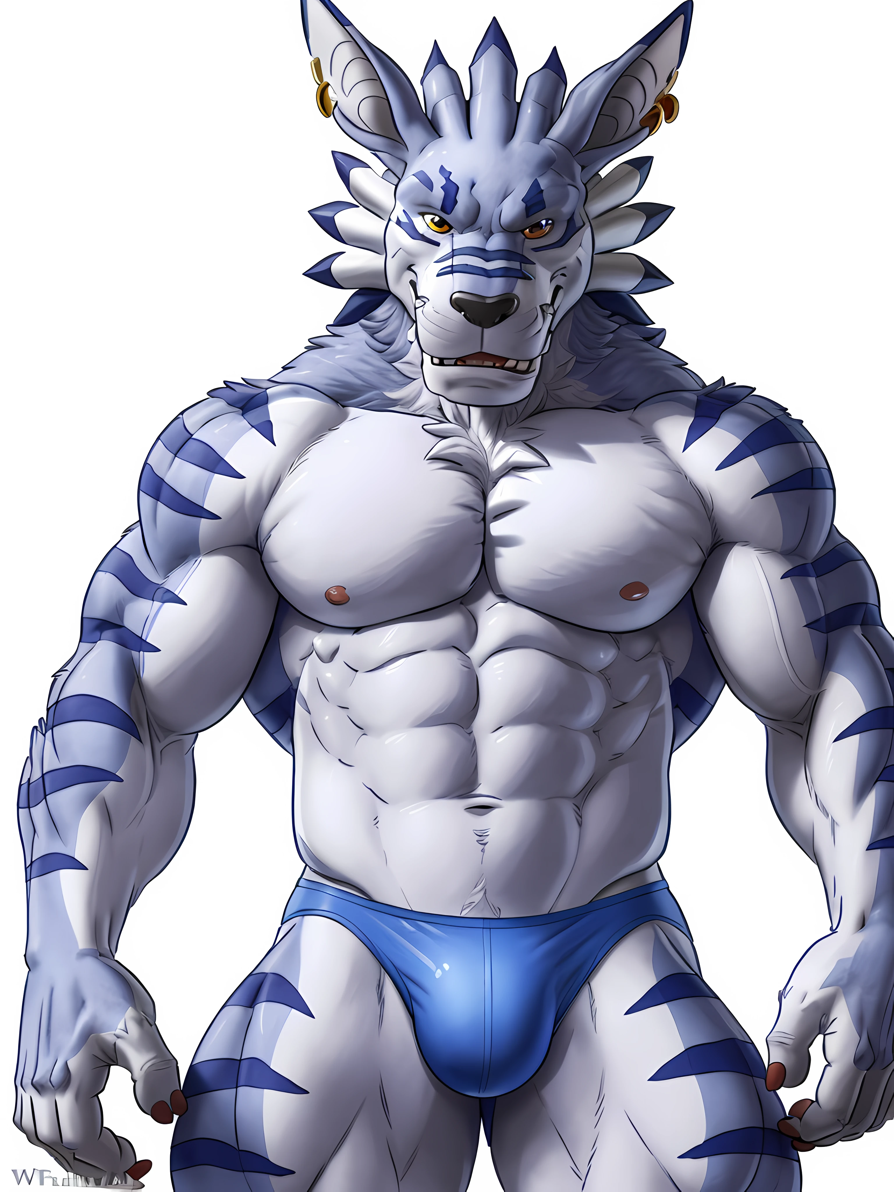 weregarurumon, 4k, high resolution, best quality, posted on e621, solo, anthro body, older male, adult, very masculine, (very muscular, well defined muscles, strong pectorals, heavyweight:1.2), correct anatomy, (white background, no background:1.2), (by wfa:1.2), (by spelunker_sal, by negger:1.0), (speedos, bulge:1.0), (detailed eyes:1.2), (cel shaded, cartoony colors:1.2), confident, proud, two point lighting, front view, (full body:1.2)