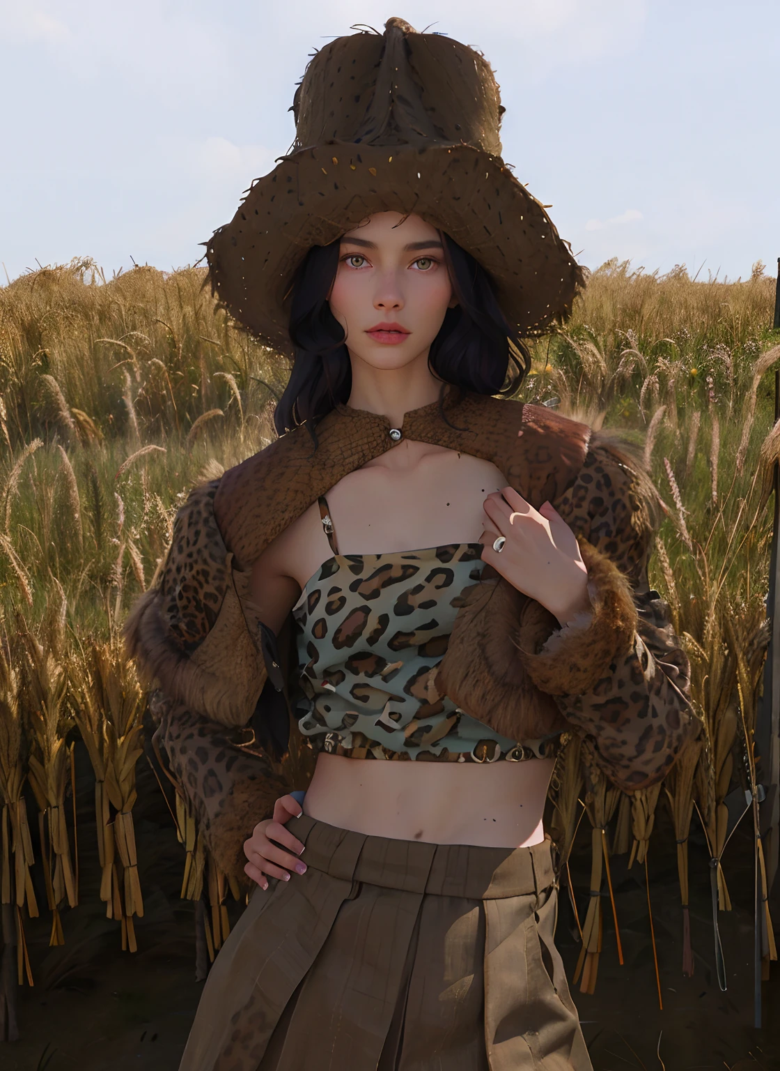 araffe woman in a leopard print top and brown skirt in a field, in a wheat field, second life avatar, in a grassy field, in a field, roots and hay coat, inspired by Esaias Boursse, eerie moorlands behind her, tan and brown fur, inspired by Dorothy Hood, standing in the oat field, inspired by Shukei Sesson