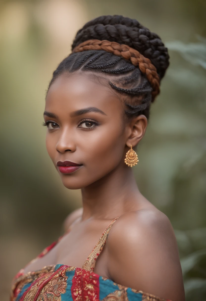 beautiful woman,african beauty,detailed eyes,detailed face,full lips,earrings,hair accessory,braided hair,traditional attire,vibrant colors,dark skin tone,elaborate makeup,confident pose,graceful posture,natural background,soft lighting,photorealistic,professional quality