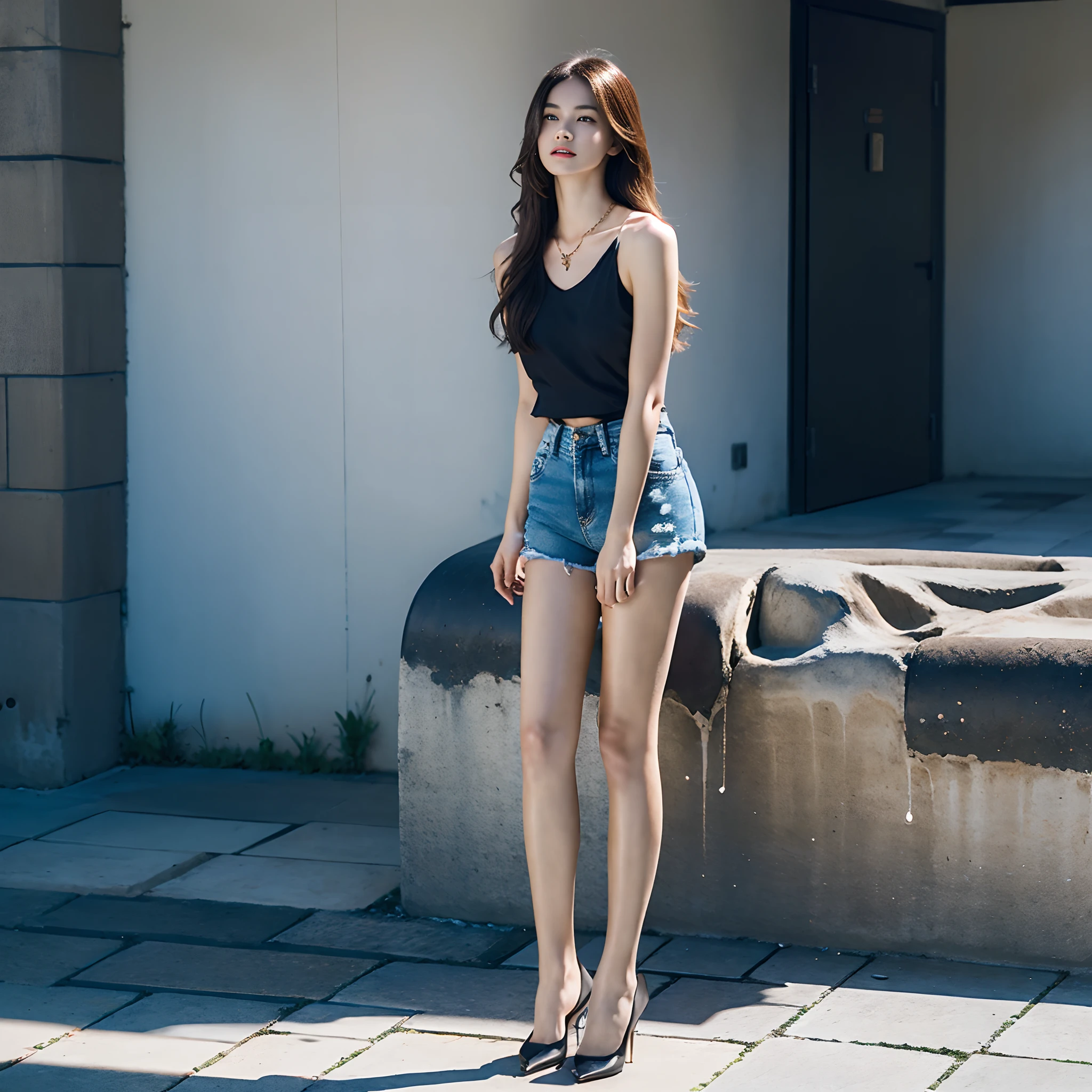 ((Medium chest, Long hair, Small head)), Daylight, Sunlight, (Well-defined abs: 1.1), (Perfect body: 1.1), (Short wavy hair: 1.2), Russet hair, Collar, chain, Full body photo, Dilapidated streets, wearing a black tank top, Denim jacket, ((Shorts)), (Extremely detailed CG 8k wallpaper), (Extremely delicate and beautiful), (Masterpiece), (Best quality: 1.0), (Hyper-Resolution: 1.0), Beautiful lighting, Perfect lightning, Realistic shadows, [high resolution], Detailed skins, Ultra detailed，lacepantyhose，high-heels