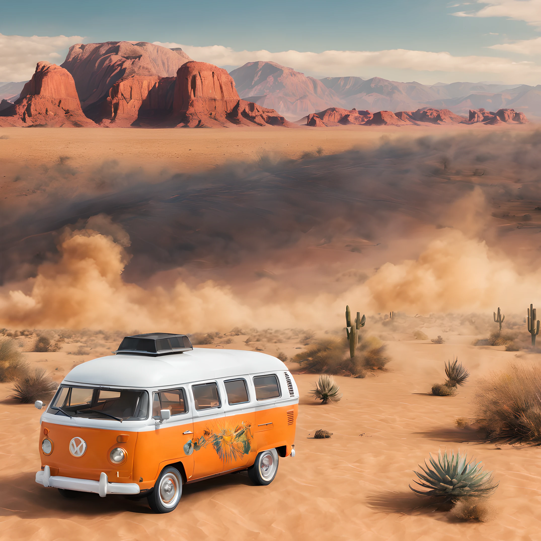 Composition: "Camper van blowing up the desert of central US in the background、Depict a scene fleeing an alien invasion。Desert expanses and、Construction of a composition that emphasizes speedy driving of campers。"
figura: "Inside the camper、American Haven on the East Coast々There are。They are looking out the window.、When the light and smoke of a spaceship hits the desert sky、I get freaked out and nervous。"
Background with: "Behind the scenes、There is a desert area in the central United States.、Among them, Campervan is running at high speed。Spaceship light and smoke cover the sky、A tense desert landscape is depicted as a background.。"