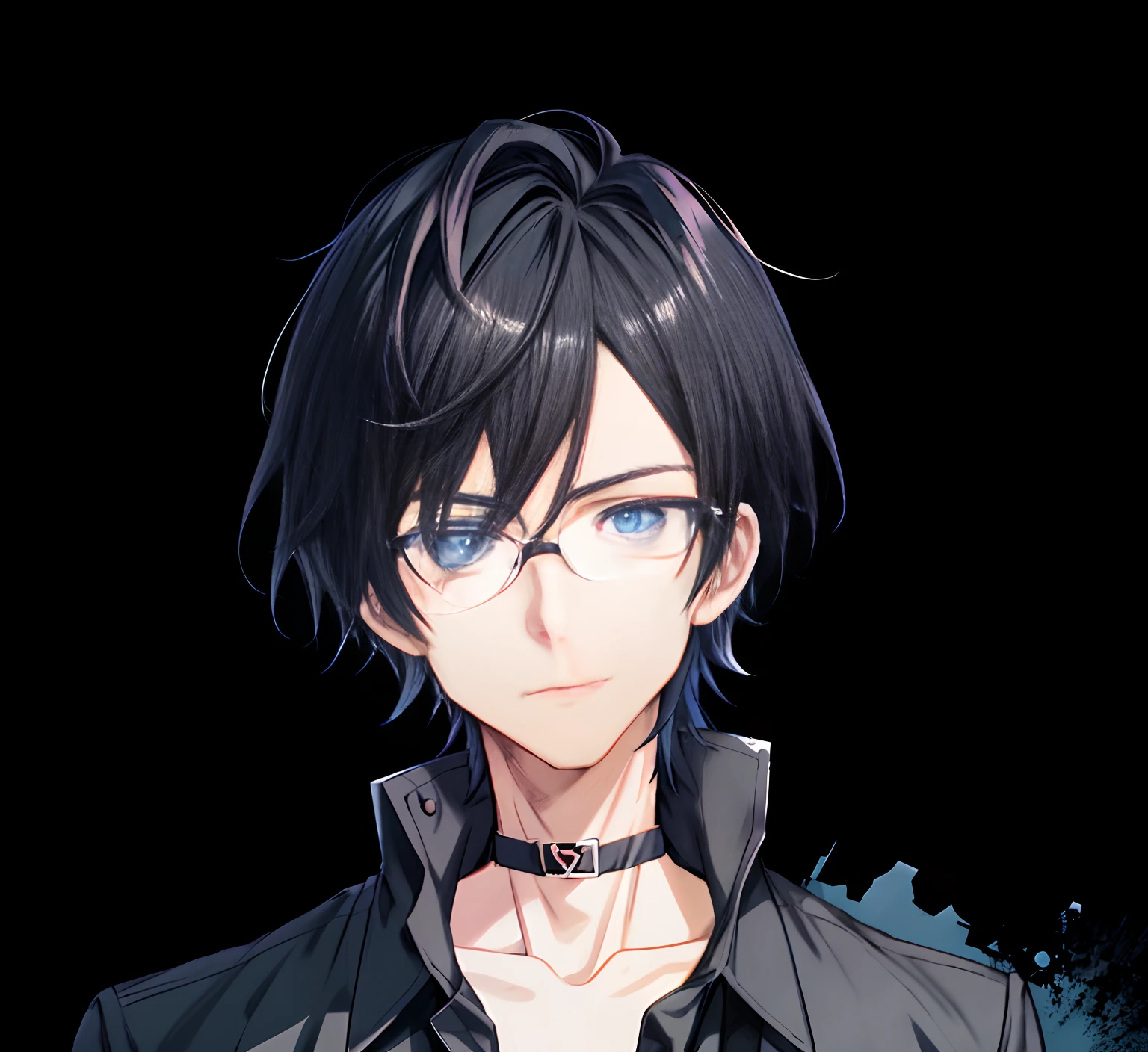 Anime boy with black hair and glasses in a black jacket, young anime man, male anime character, Tall anime guy with blue eyes, anime moe art style, Anime portrait of a handsome man, Male anime style, anime style character, portrait gapmoe yandere grimdark, High Quality Anime Art Style, Anime style portrait, Anime handsome man, 2 d anime style