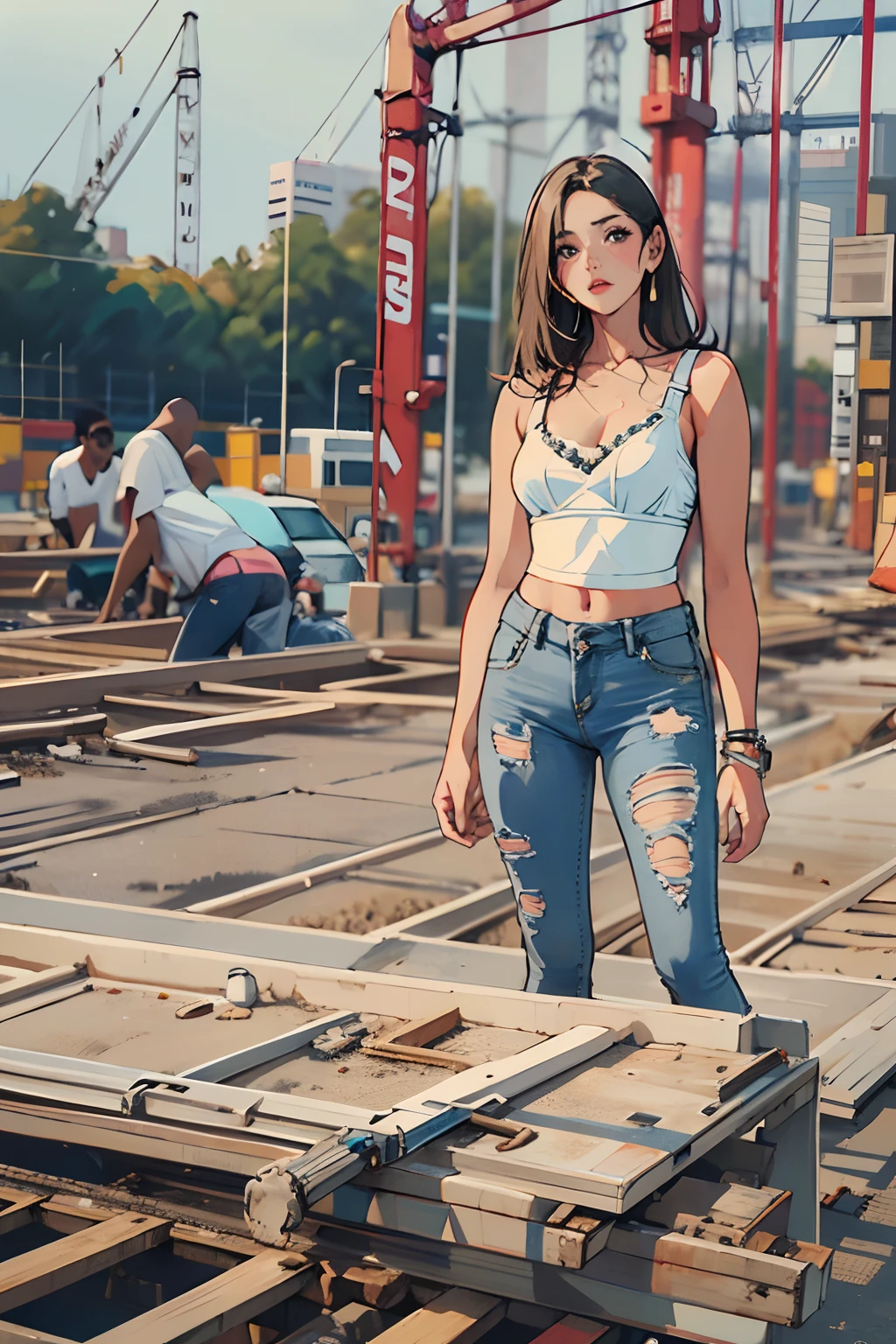 Girl in white bra and tight denim skirt posing for photo, full body, with cropped T-shirt, bra, slim body, smaller bust, slim girl model, 24-year-old female model, lying on the construction site, a group of black men onlooking