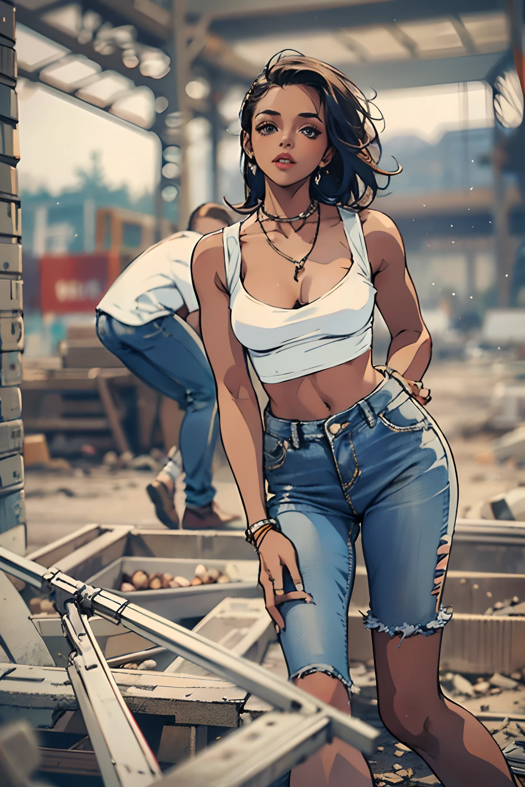 Girl in white bra and tight denim skirt posing for photo, full body, with cropped T-shirt, bra, slim body, smaller bust, slim girl model, 24-year-old female model, lying on the construction site, a group of black men onlooking
