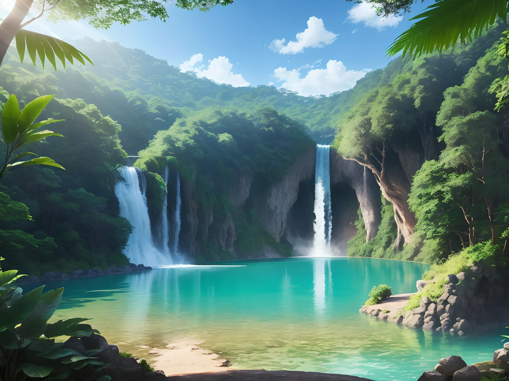 a lake with a waterfall in the middle of a tropical forest on a clear sunny day
