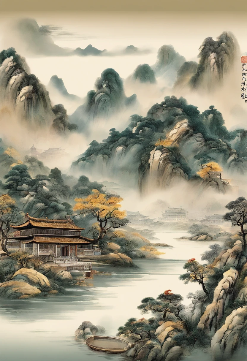 A painting of mountains with rivers and villages, Chinese painting style, inspired by Huang Binhong, Traditional Chinese Ink Painting, Chinese ink painting, Traditional Chinese painting, Traditional Chinese art, inspired by Zhang Shunzi, Chinese landscape, China ink painting, Chinese painting, inspired by Wang Shishen, Inspired by Zhang Daqian The top is printed in gilded calligraphy lettering
