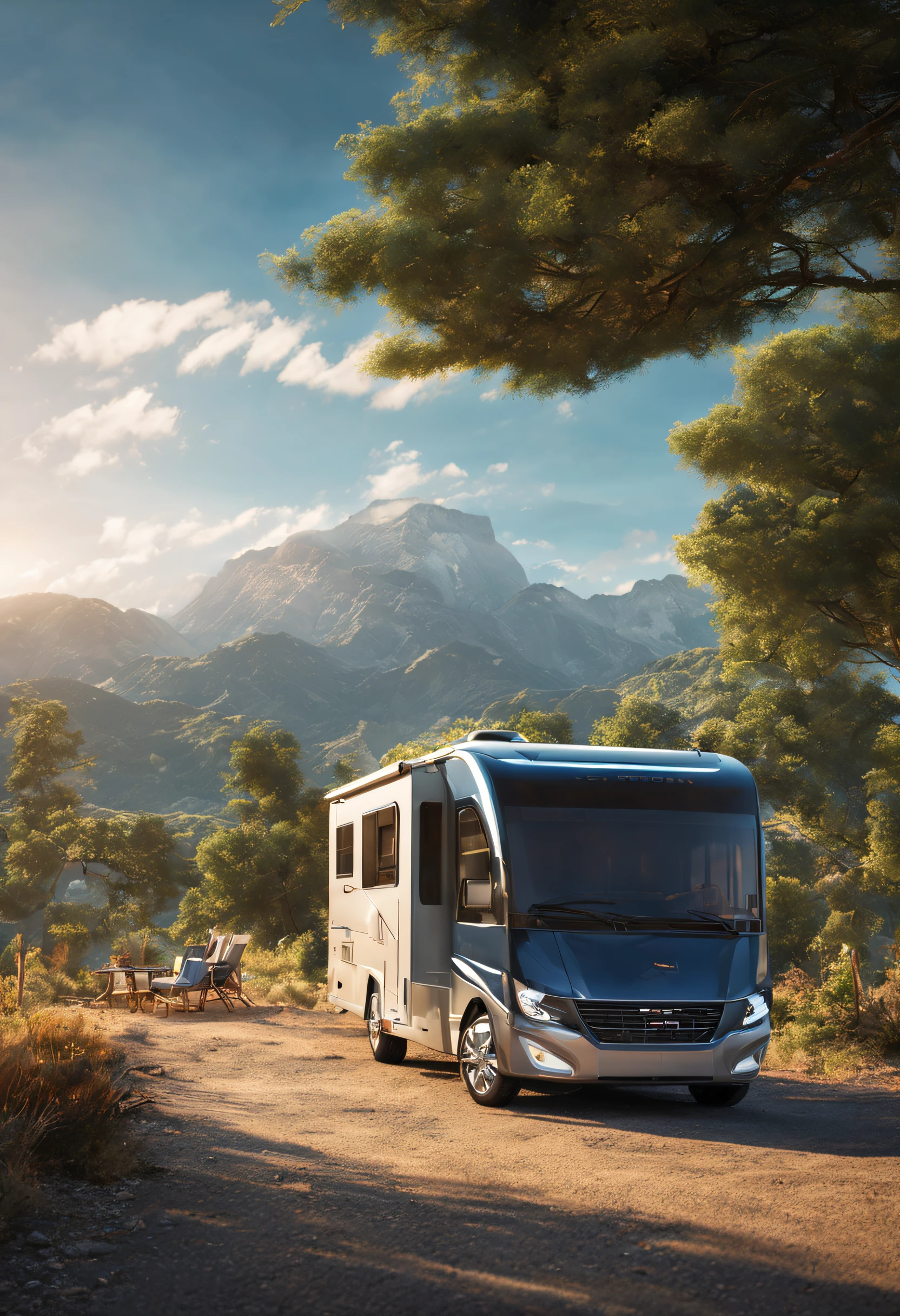 high resolution, masterpiece: 1.2, realistic, ultra-detailed, artistic, 4k, photorealistic, professional, sharp focus, physically based rendering, beautifully composed Motorhome, luxurious, modern, spacious and comfortable, exterior with elegant design, satellite dish on the roof, large windows, chrome details, wide tires, shiny metallic paint, epic landscape in the background, open road leading to the mountains, the adventure awaits you, family trip, great getaway, quiet camping, roadside jungle, tropical trees, blue sky, lush green grass, barbecue party, cover installed outside the RV, chairs and table scattered everywhere ,smoke coming out of the grill, a family gathering, laughing and enjoying the moment,