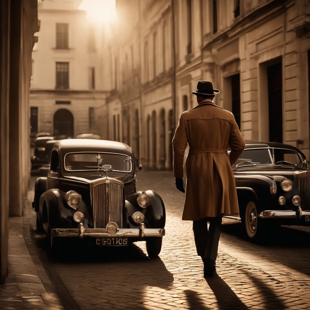 "Illustrate a thrilling scene of animal as a mafia members making their getaway in vintage cars after a successful heist, wearing matching mafia-style outfits and hats."