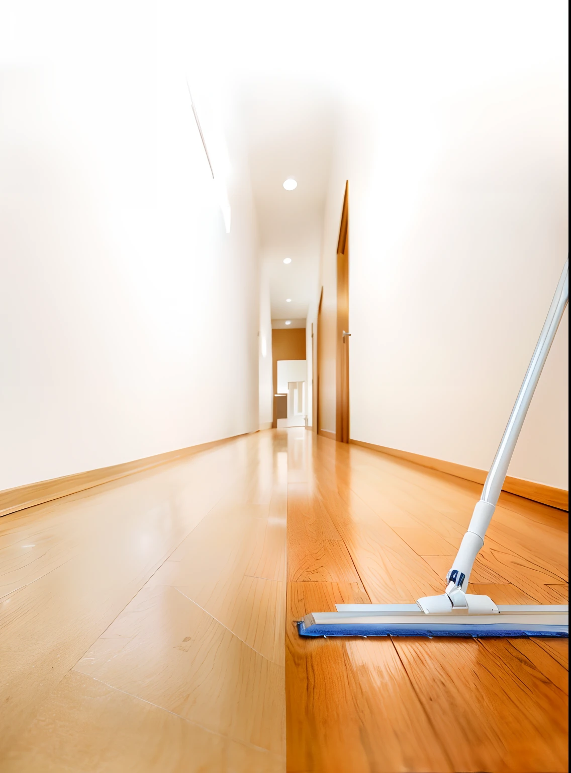 Alafid view of mop on hardwood floor in hallway, crisp smooth clean lines, smooth clean surfaces, shiny floors, highly detailed composition, clean and pristine design, majestic sweeping action, bottom angles, Wooden floors, my home, Clean and neat, detailed wide shot, perspective shot, Open shiny floor, sweeping the floor, composite, cleanest image