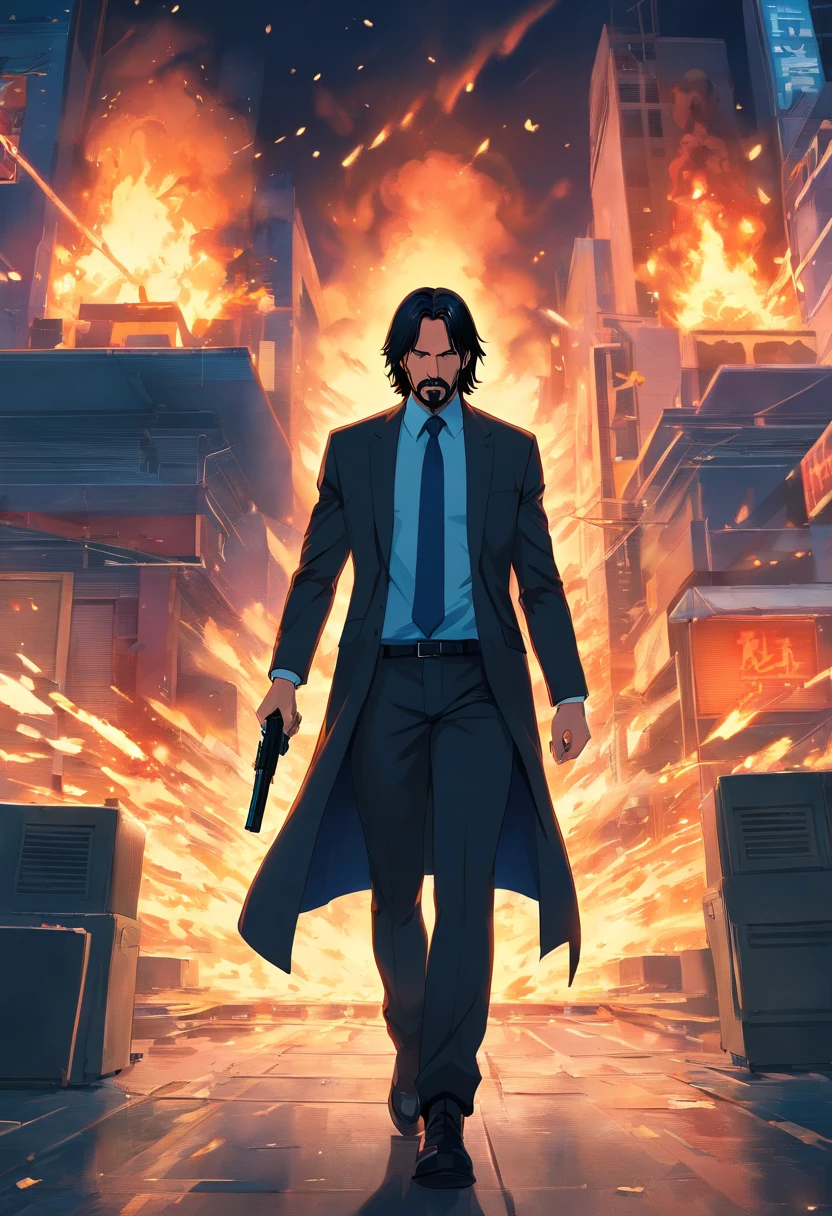 Design a gripping poster featuring John Wick from "John Wick" in a fit of rage. Capture the essence of his burning determination and unyielding spirit as he unleashes his wrath upon his enemies. Keep it short, bold, and intense to convey the raw power of John Wick's calmness.