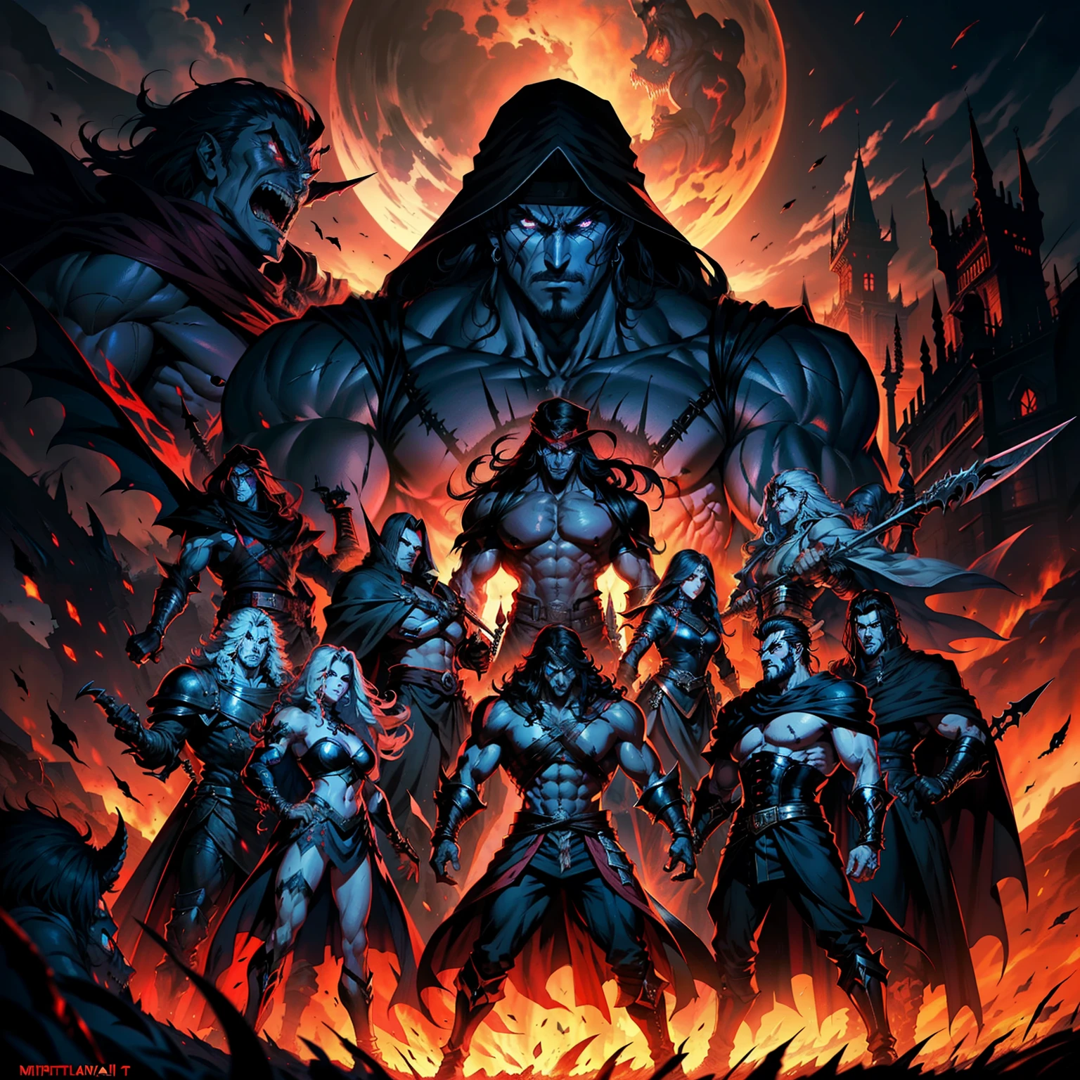 Castlevania Hyper Realistic Shadow Lord Super Detailed Dynamic Plan Master Piece of Multiple Arabs Warriors 10Arab Medieval with Red Turban Scary Face Hokuto No Ken Structure Muscular Face Kenshiro Leading Troops Army of Demons to Fight Sharp Details Cinematic Scenes Epic Movie Movie Legendary Hyper Realistic