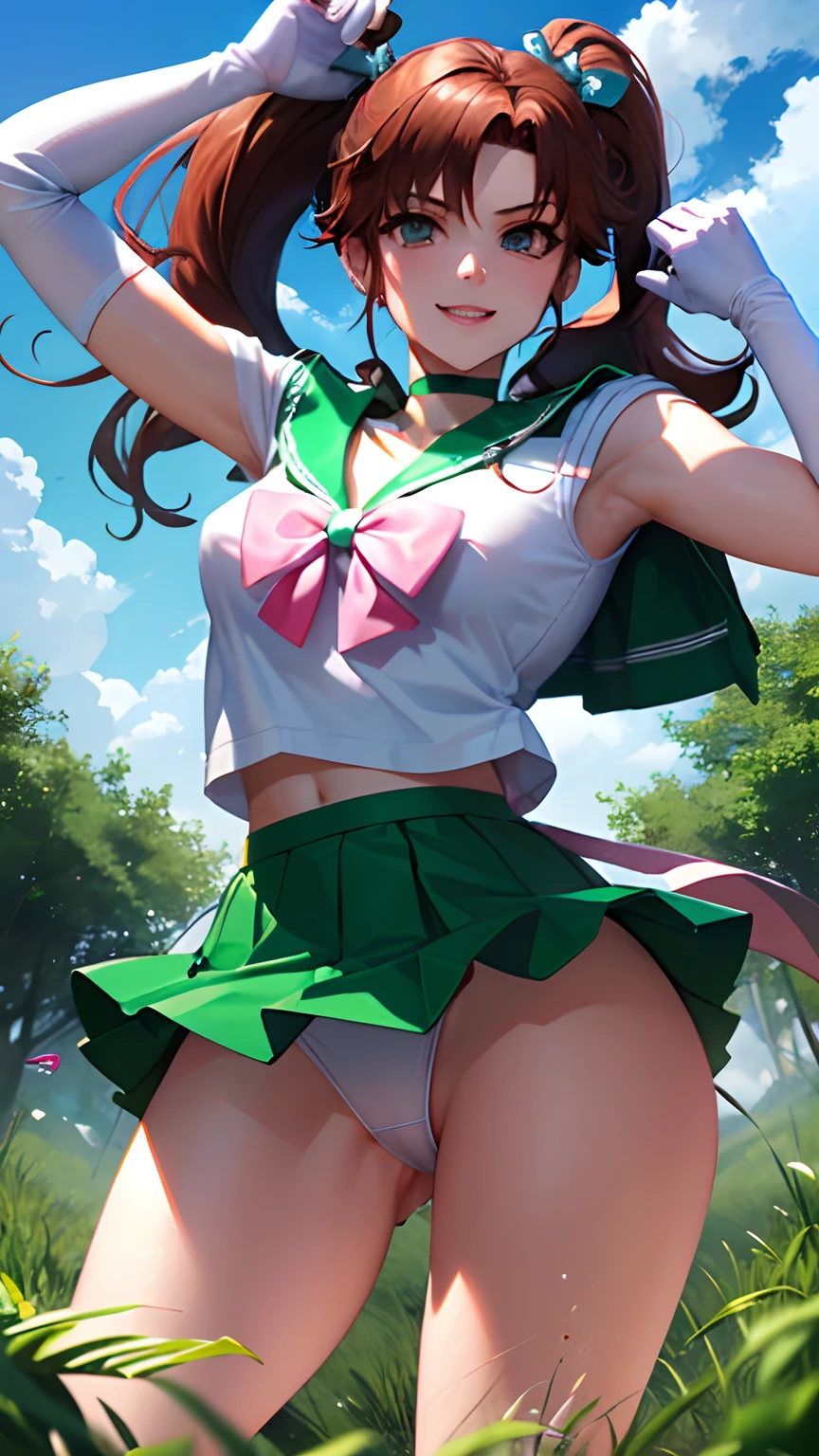 masterpiece, top-quality, Hi-Res, Jupiter 1, 1girl in, 独奏, low angles,Sailor Senshi Uniform, the sailor jupiter, Makoto Kino, red brown hair, magical girl, green colored eyes, White panty, Green skirt,elbowgloves, tiarra, Pleated mini-skirt, green sailor collar, a miniskirt, a choker, background grassland, with blue sky and white clouds, Green Choker, white glove, poneyTail, jewely, 耳Nipple Ring, Dynamic Posture, Dynamic backgrounds, A smile, (White panty、Show panties:1.2),
