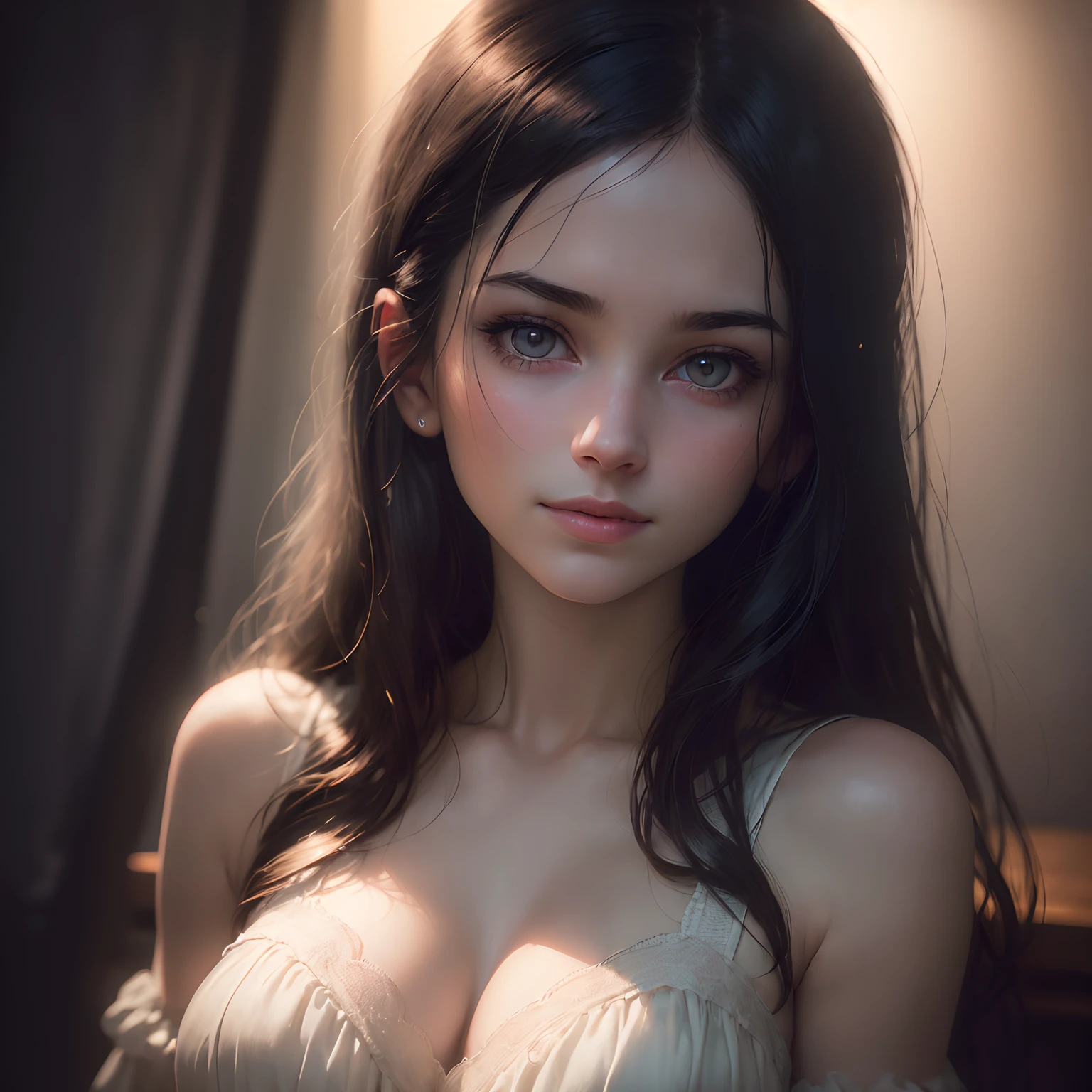 (RAW photo, best quality), ((Nostalgia,1980s syle)),(A girl with a literary atmosphere:1.2),(realistic, photo-realistic:1.3), extremely delicate and beautiful, Amazing, finely detail, masterpiece, ultra-detailed, highres,best illustration, best shadow,intricate,depth of field,(closeup portrait of a young beautiful woman:1.2),long hair,messy hair,((((low key,dark scene,dimly lit)))),(((soft lighting:1.4))),(pale skin:1.4),(shy smile),(cinematic angle),sharp focus, volumetric fog, 8k UHD, DSLR, high quality,( film grain:1.4), Fujifilm XT3,(looking at viewer), pale skin