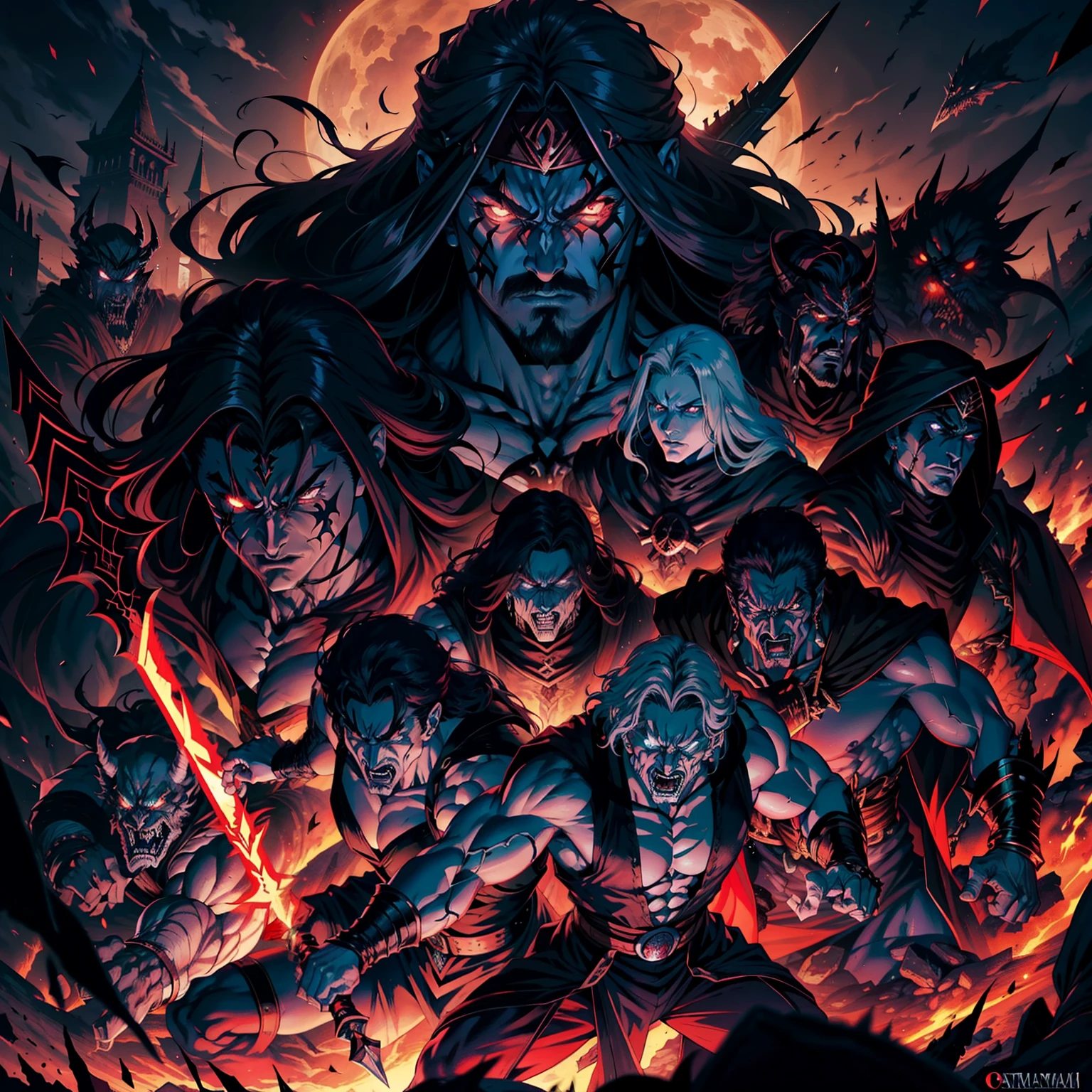 Castlevania Hyper Realistic Shadow Lord Super Detailed Dynamic Plan Master Piece of Multiple Arabs Warriors 10Arab Medieval with Red Turban Scary Face Hokuto No Ken Structure Muscular Face Kenshiro Leading Troops Army of Demons to Fight Sharp Details Cinematic Scenes Epic Movie Movie Legendary Hyper Realistic