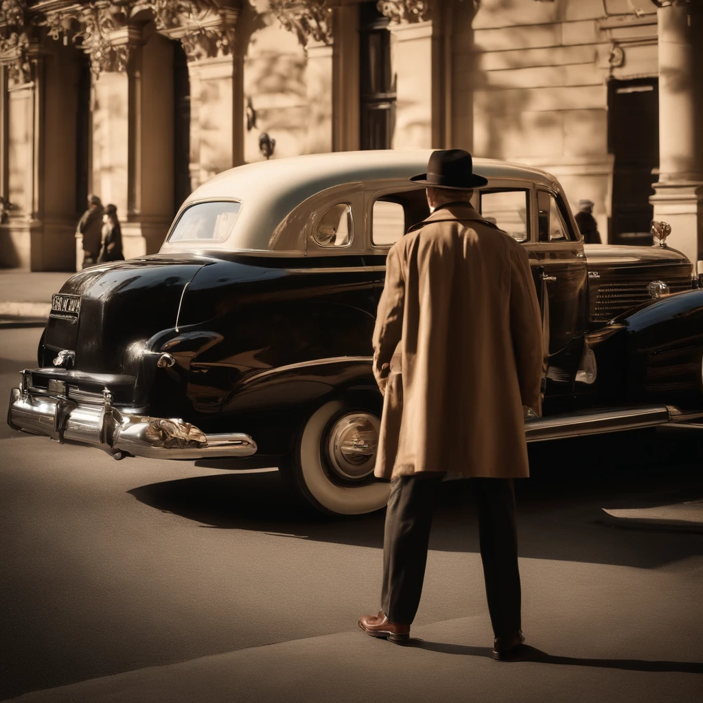 (best quality,4k,highres,masterpiece:1.2),ultra-detailed,realistic,photorealistic:1.37,A bank robber in the 1950s,with his face partially hidden, wearing a fedora hat and a long trench coat,pocket watch, holding a gun and a bag of money, sneaking out of an old-fashioned bank vault with golden light illuminating him and casting dramatic shadows,vintage sepia-toned cinematic effect,stunning composition with a dynamic perspective, vibrant and colourful scenery, classic cars parked outside the bank,people on the streets astonished.