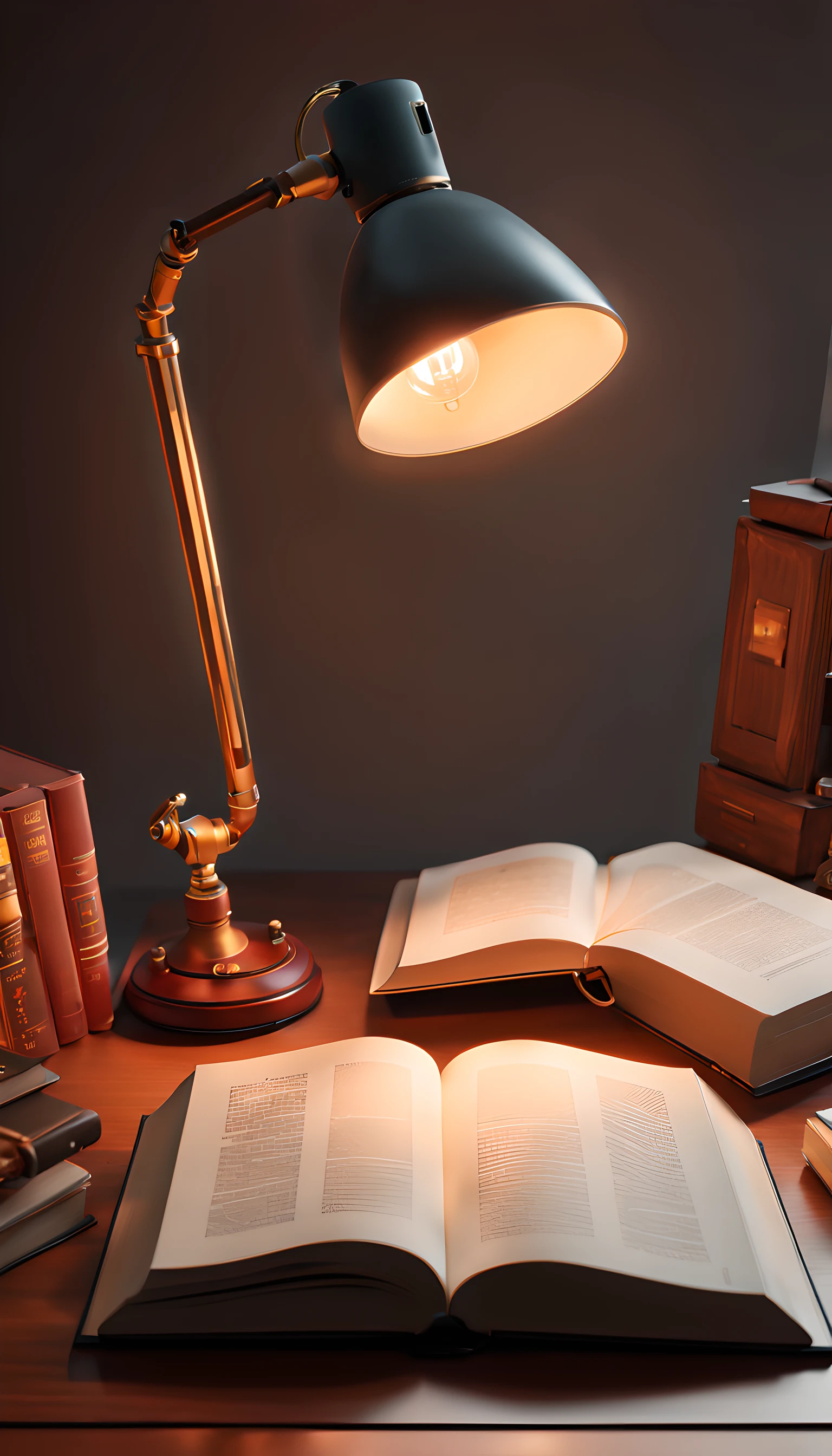 A book spread out on a desk, a lamp on a stand,
DSLR photography, smooth sharp focus, Unreal Engine 5, Octane Render, Redshift, masterpiece,archminimalist