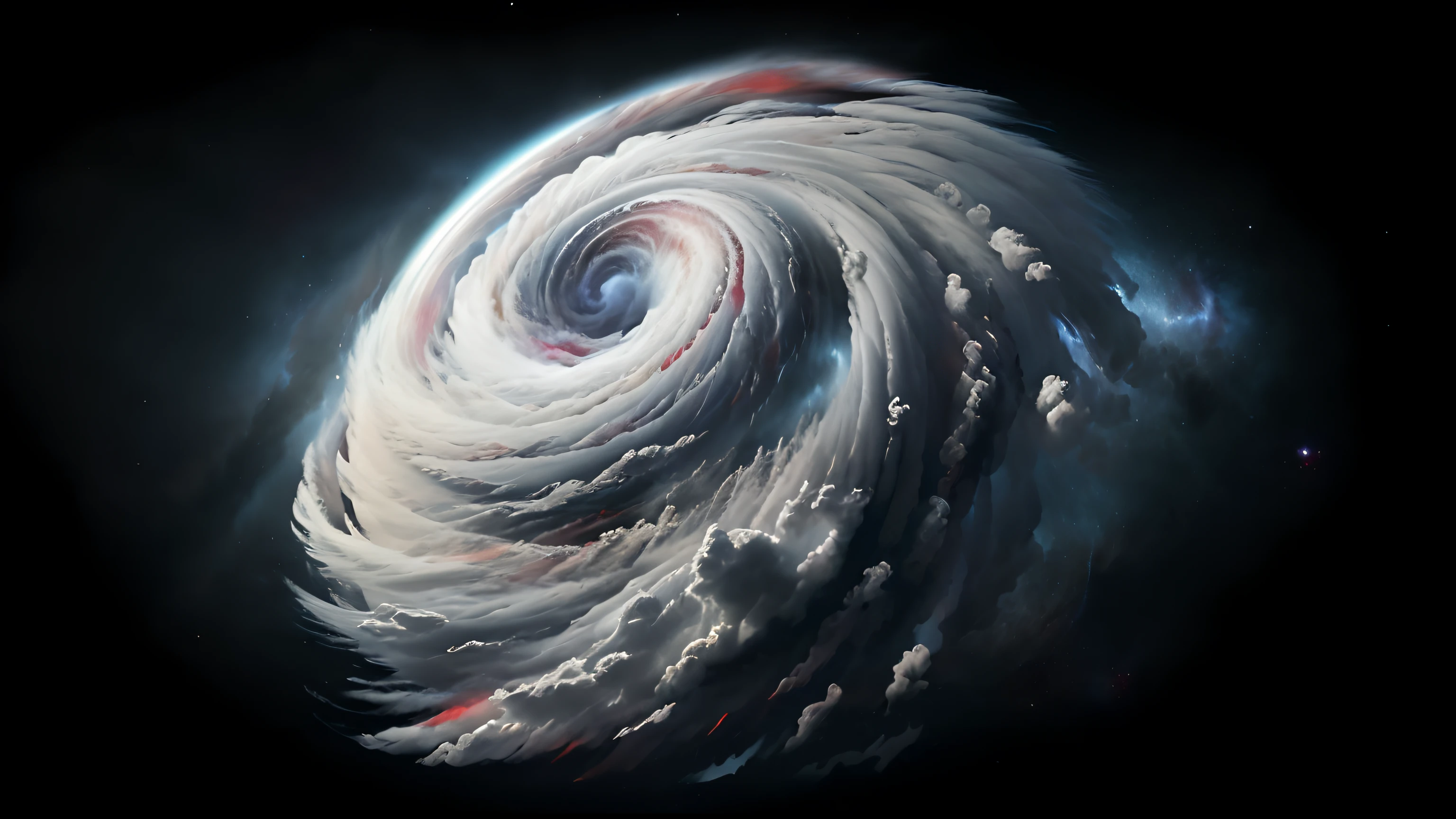 Add ruby red and red spiral arms of cloud bands and clouds to the cyclone, die zusammen reiten, These extend outwards from the center along the existing spiral and are visible on the cyclone, realistisch, high resolution, Viele Details, Hohe Detailgenauigkeit,